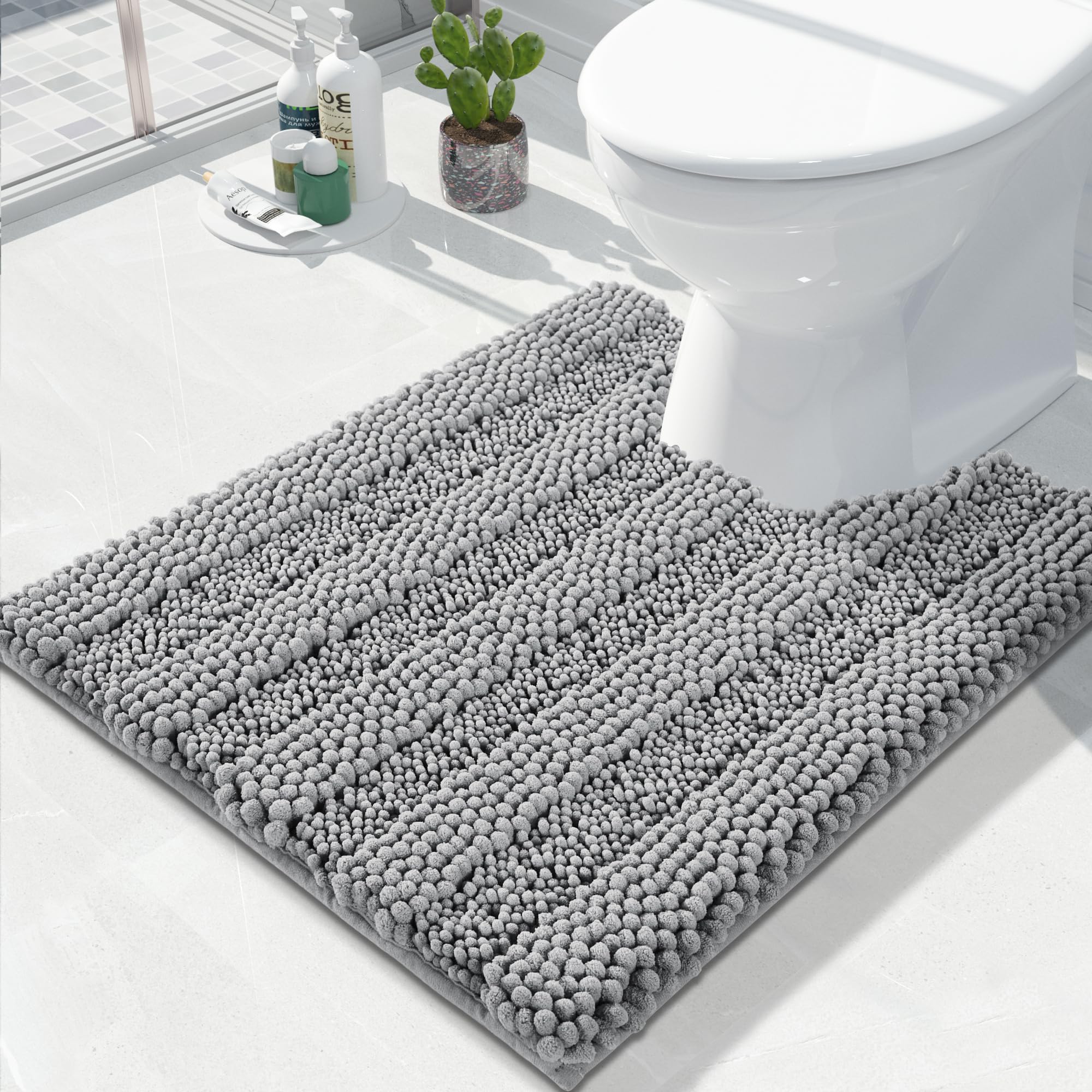 Yimobra Toilet Rugs U Shaped Washable 24 x 20, Non Slip and Super Absorbent Toilet Mat, Quick Dry, Ultra Luxury Microfiber Chenille Plush Fluffy Contour Bath Rugs for Toilet Base, Gray