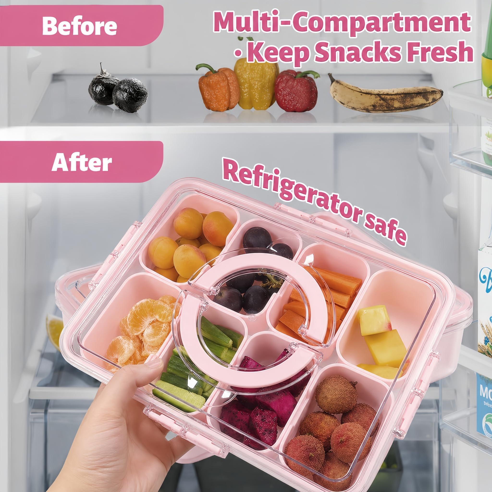Contenitore per snack con scomparti e coperchio – Piatto da portata portatile per caramelle, frutta, snack, piatto suddiviso per picnic e feste PP (PINK)