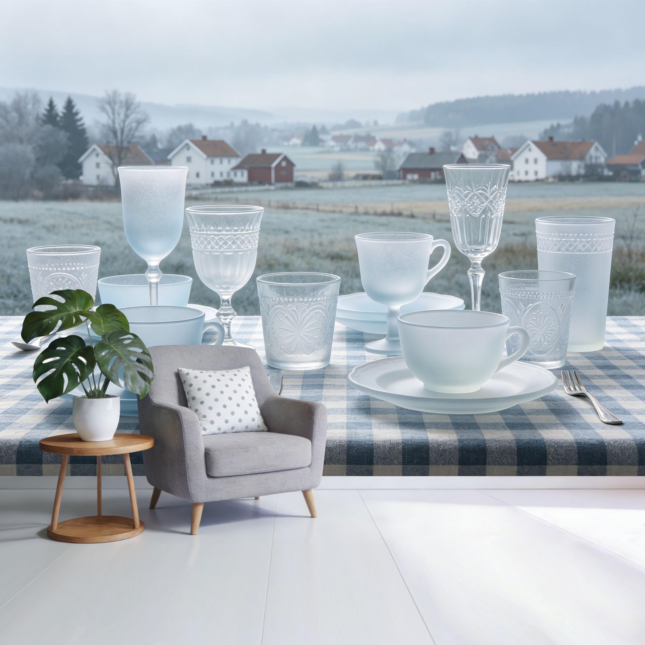 Custom Size Wall Mural Frosted Glass Tableware Rural Landscape Minimalist Pastel Farmhouse Scene SelfAdhesive Wall Fabric Removable Wallpaper for Home Office Decor