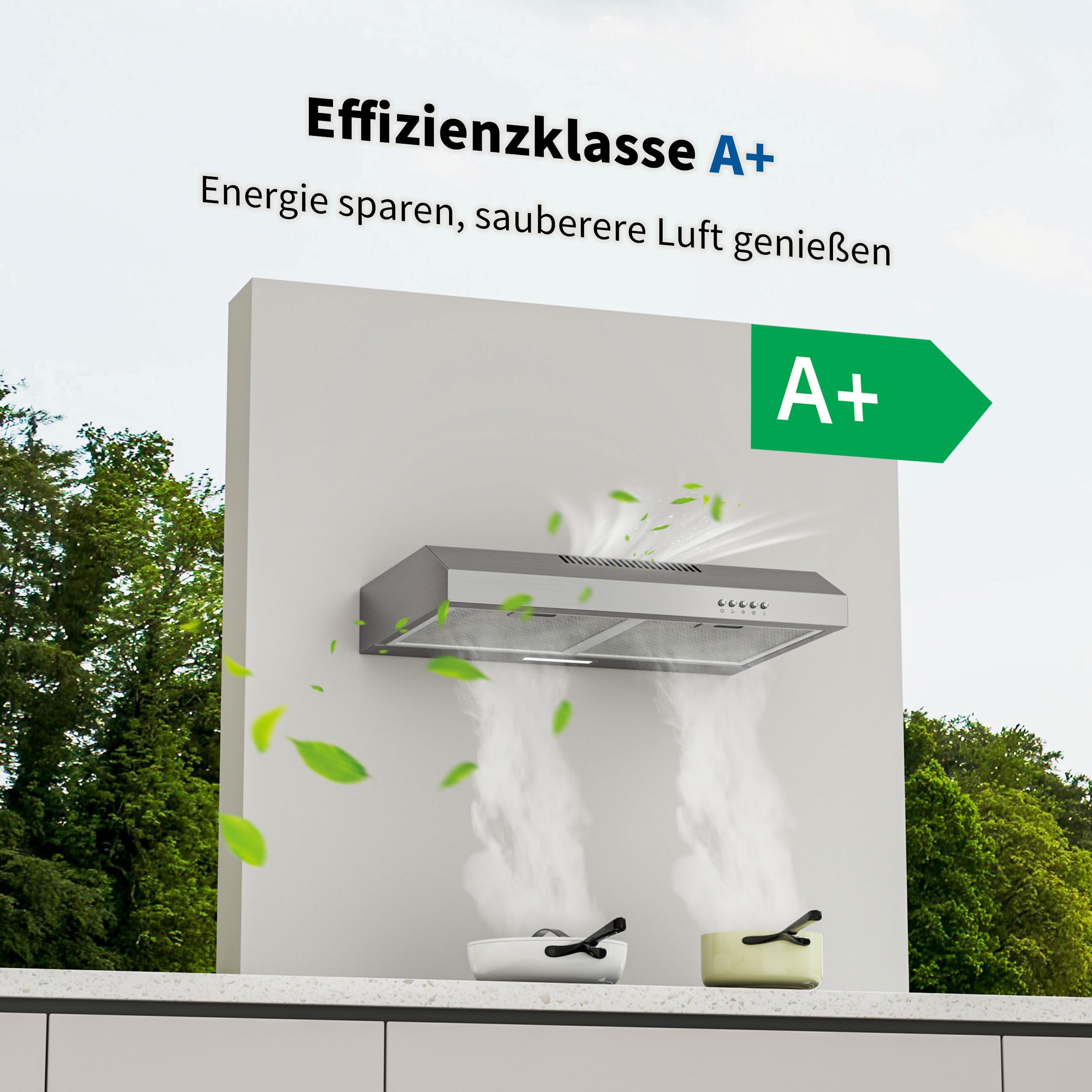 FIREGAS A+ Unterbau-Dunstabzugshaube 60 cm, Umluft & Abluft, 3 Leistungsstufen, LED-Beleuchtung, Edelstahl