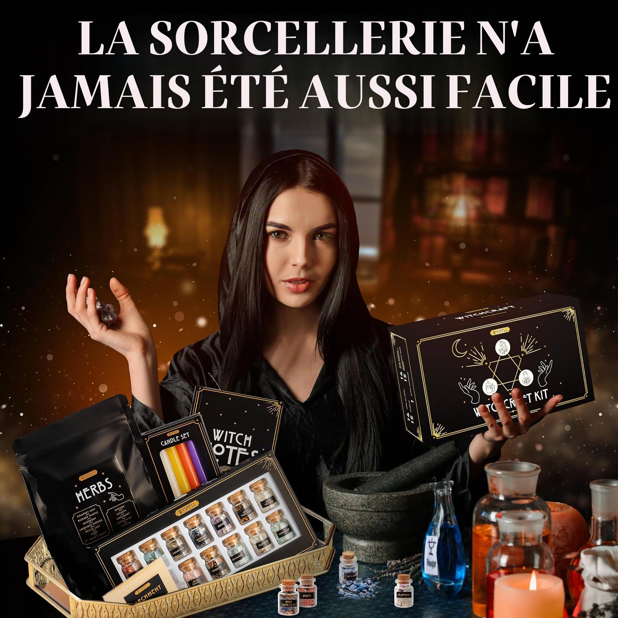 Kit de fournitures de sorcellerie pour sorcière - Bougies de sort - Pots à enchantements en cristaux - Herbes pour sort