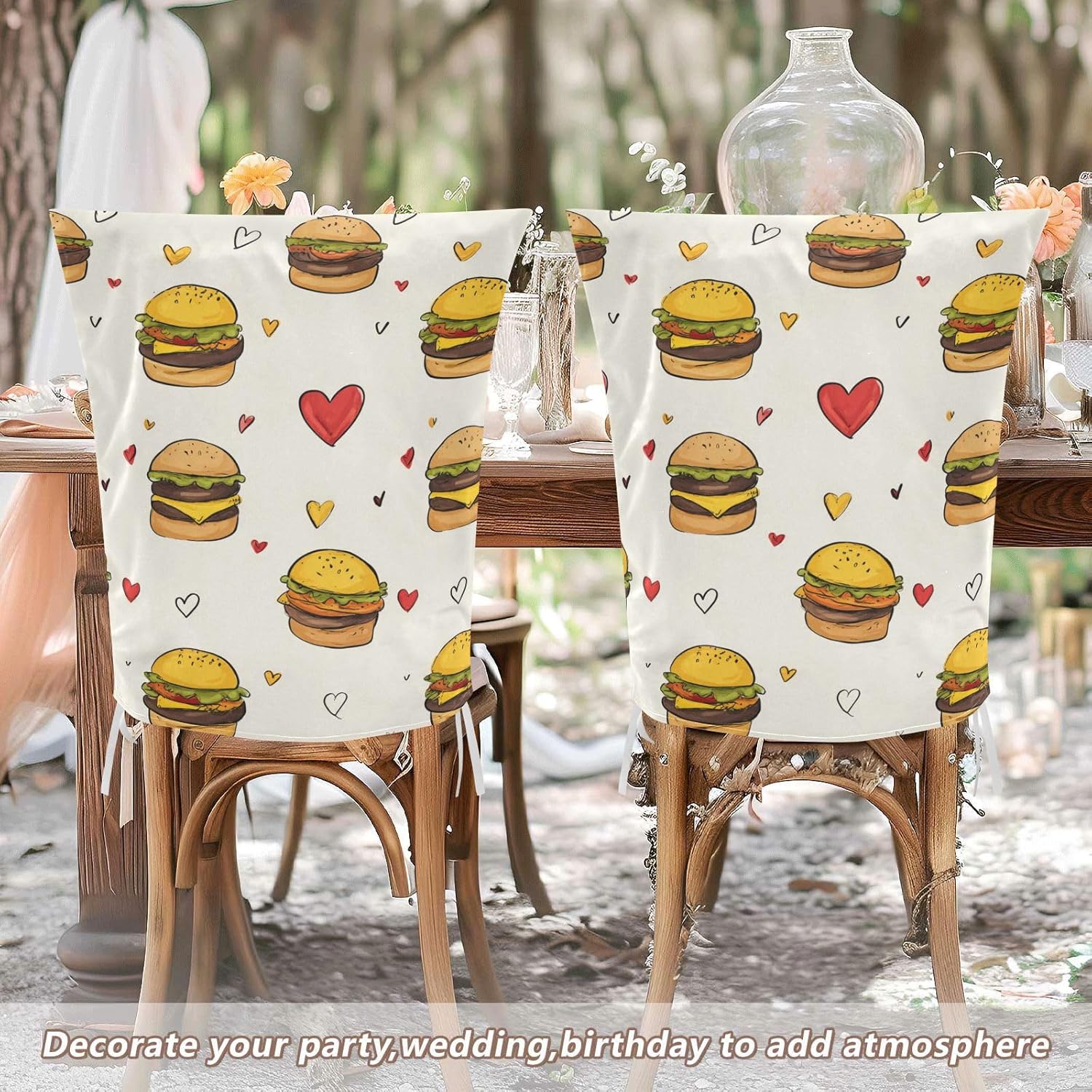 ALAZA Hearts Hamburgers Chair Back Cover Set of 6, Washable Reusable Removable Chair Slipcovers Decorative Chair Cover for Home Kitchen Wedding Party