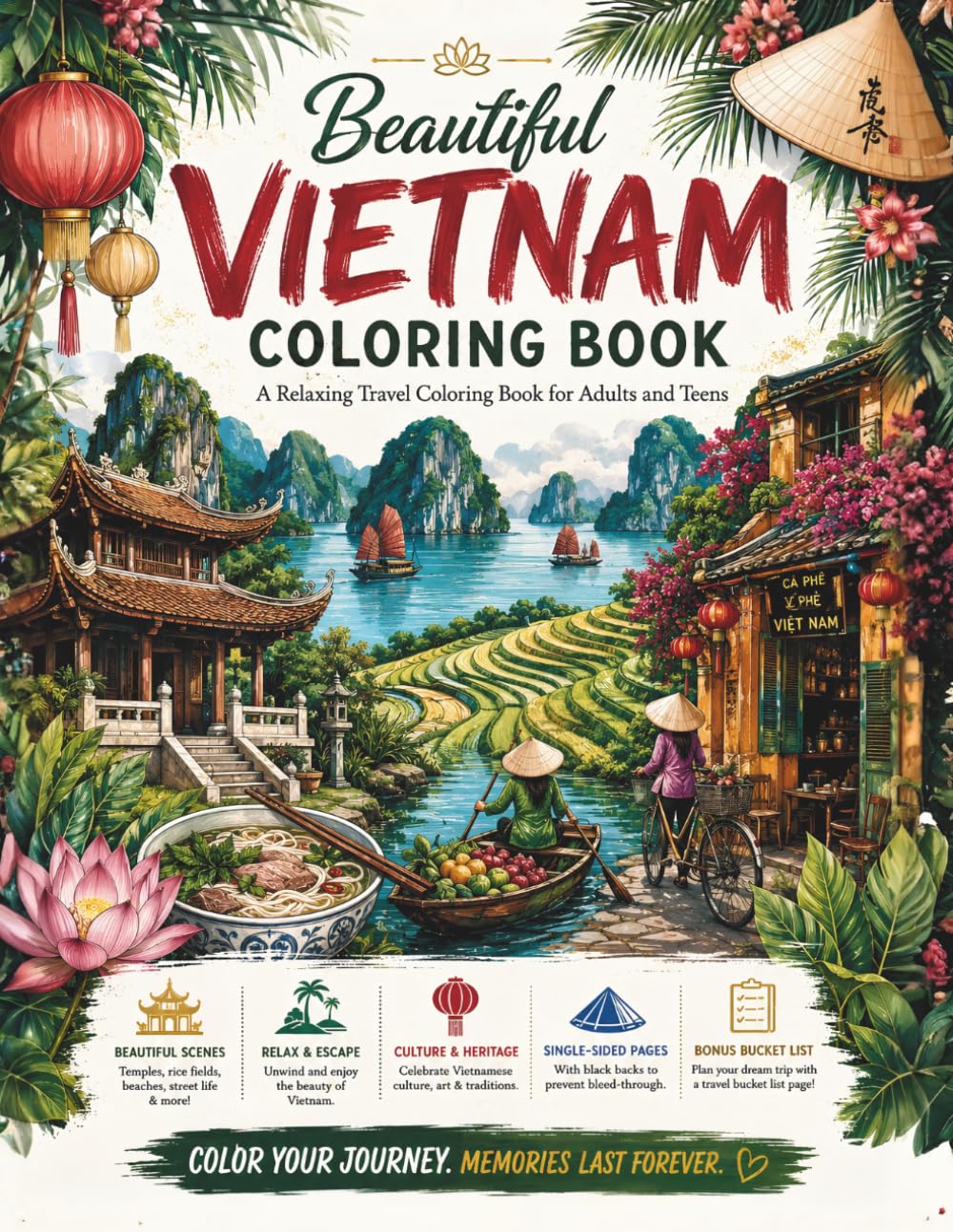 Beautiful Vietnam Coloring Book: A Relaxing Travel Coloring Book Featuring Temples, Rice Fields, Beaches, Street Life and Vietnamese Culture | ... List Page (A Relaxing Travel Coloring Series)