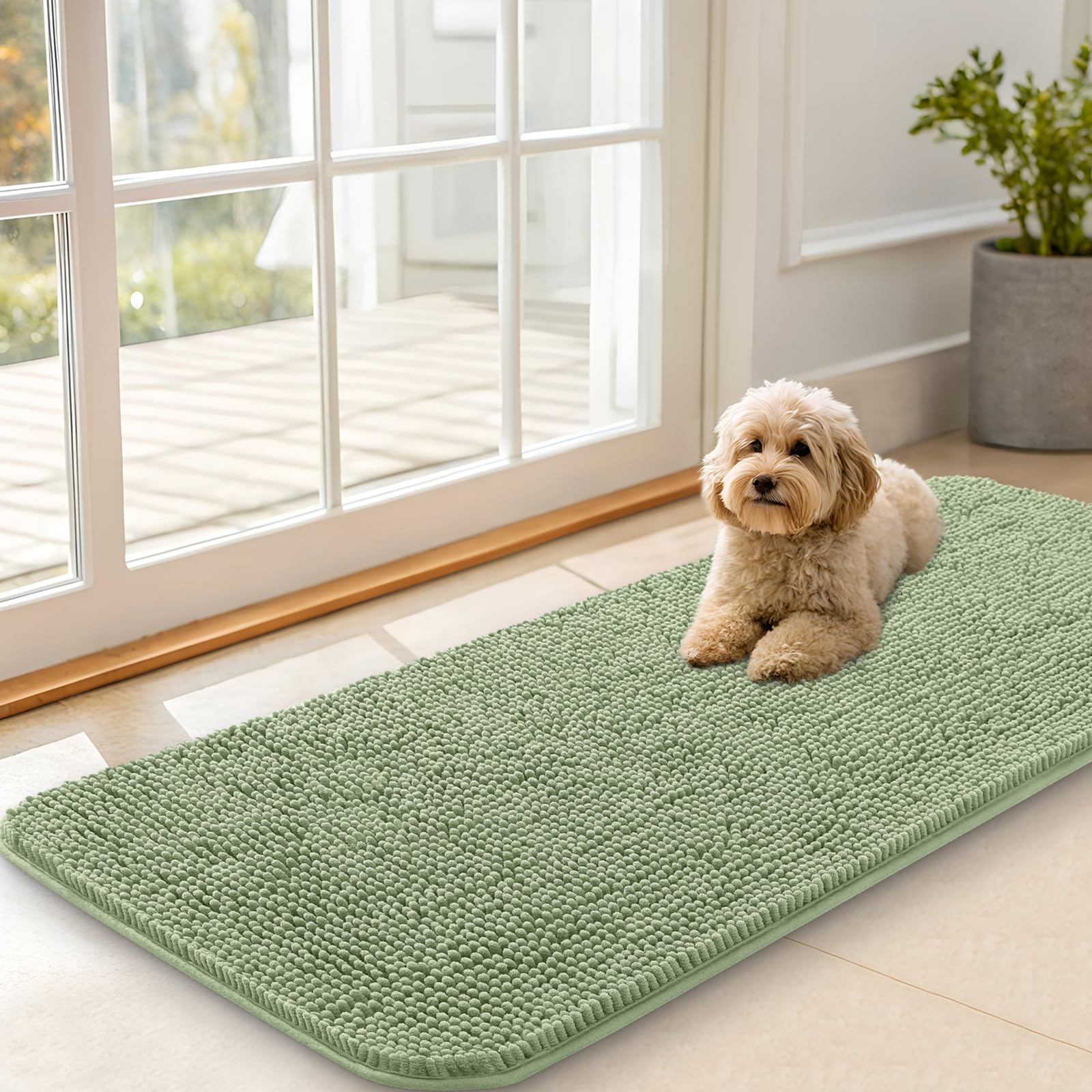 OLANLY Dog Door Mat for Muddy Paws 47x20, Absorbs Moisture and Dirt, Absorbent Non-Slip Washable Doormat, Quick Dry Chenille Mud Mat for Dogs, Entry Indoor Entryway Carpet for Inside Floor, Sage Green โ image 1