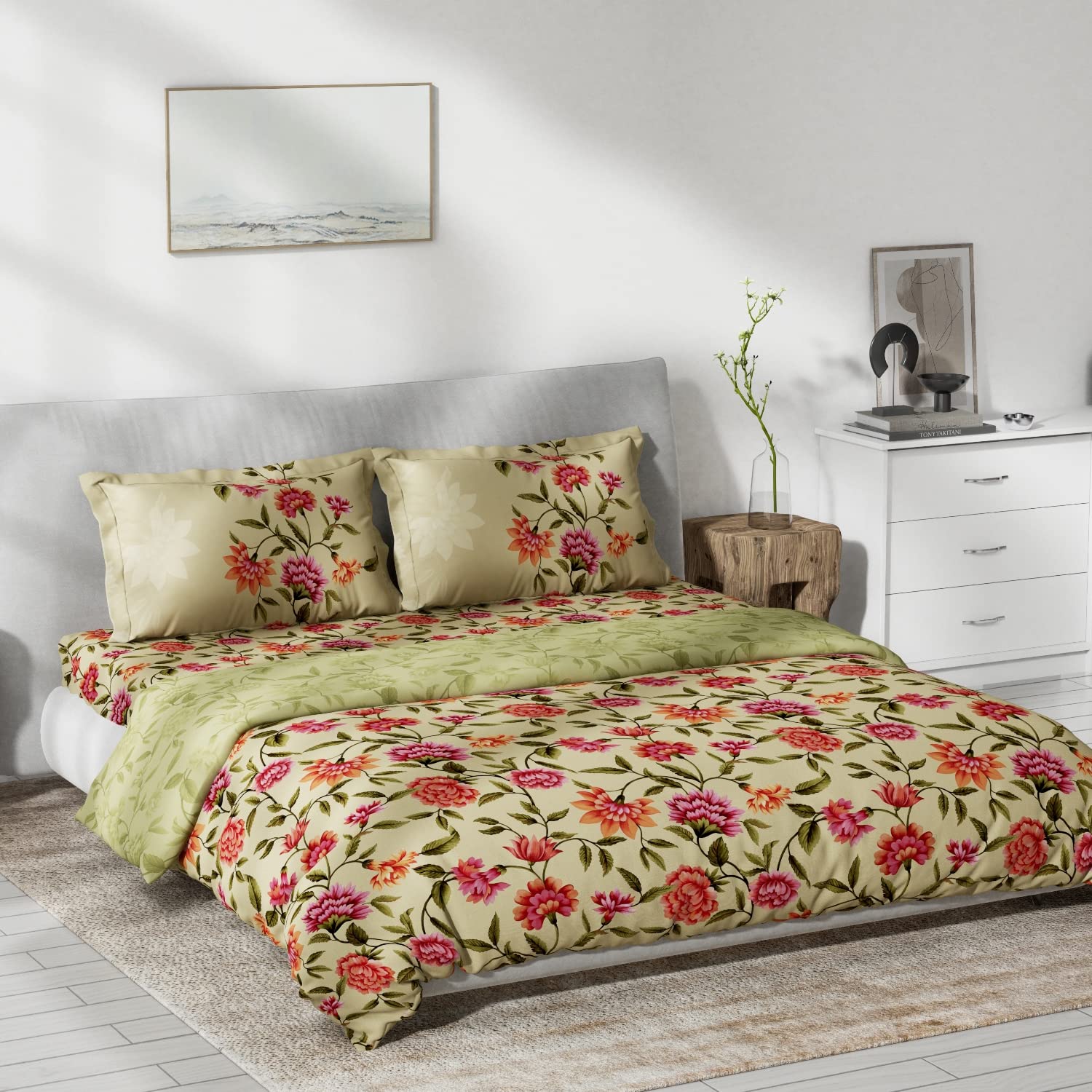 DDECOR Live beautiful Yellow Floral 100% Cotton Double Bedding Set