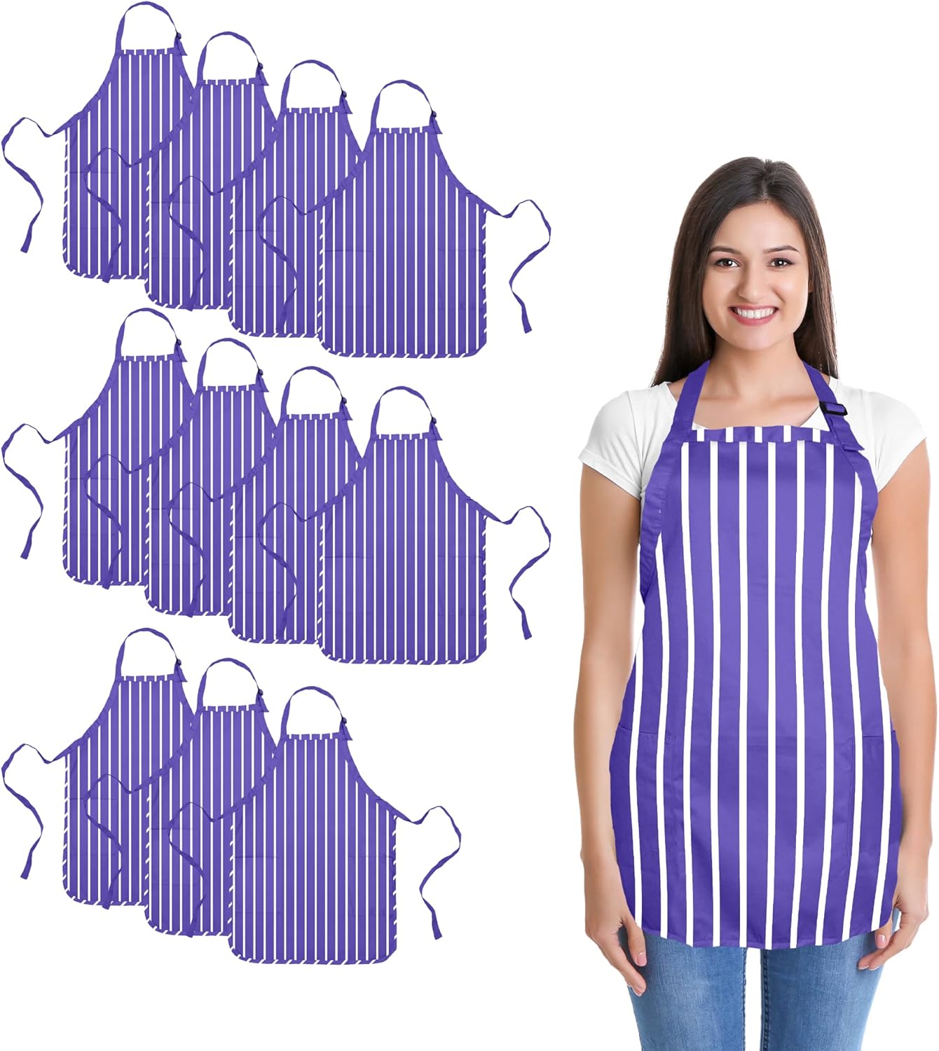 DALIX Apron Commercial Restaurant Home Bib Spun Poly Cotton Kitchen Aprons (2 Pockets) (12, Pinstripe Purple/White)