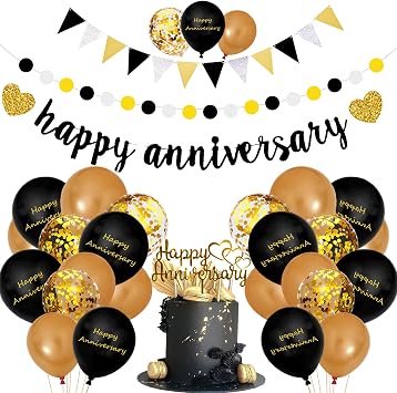 Happy Anniversary Decorations, Glitter Gold Black Happy Wedding Decorations Sets with Banner, Cake Topper, Glitter Hanging and Balloons for All Ages Anniversary Party Decorations