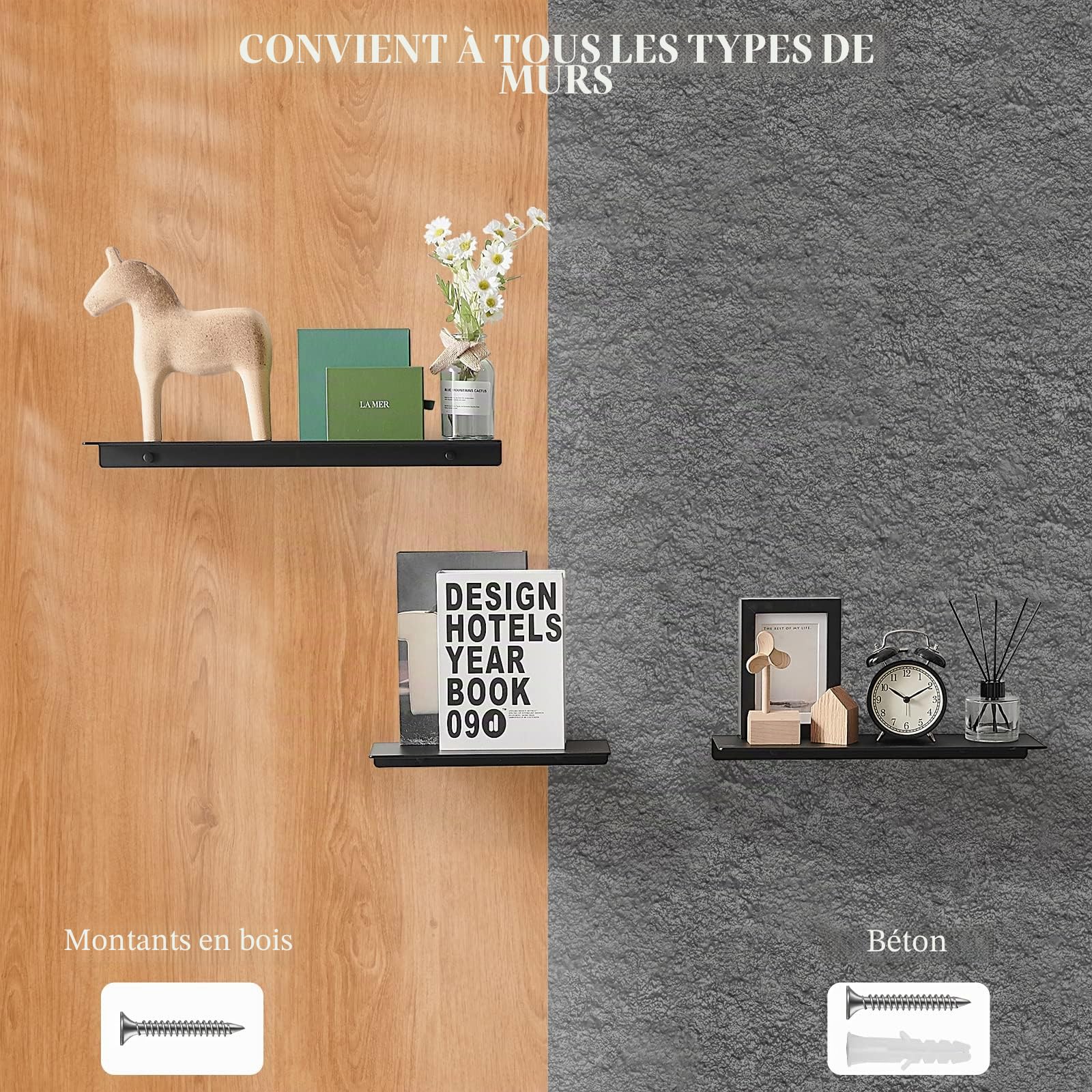 JOOM Petite étagère Murale Flottante en métal – Étagère Murale Flottante en métal Noire, Petite étagère de Salle de Bain, étagère d'affichage pour Rangement Mural (Noir, 50cm)