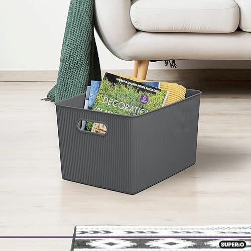 Miniatura 10 de Superio Ribbed Collection  Canastas organizadoras de plástico decorativas abiertas para el hogar, pequeñas cajas de contenedores grises (paquete de