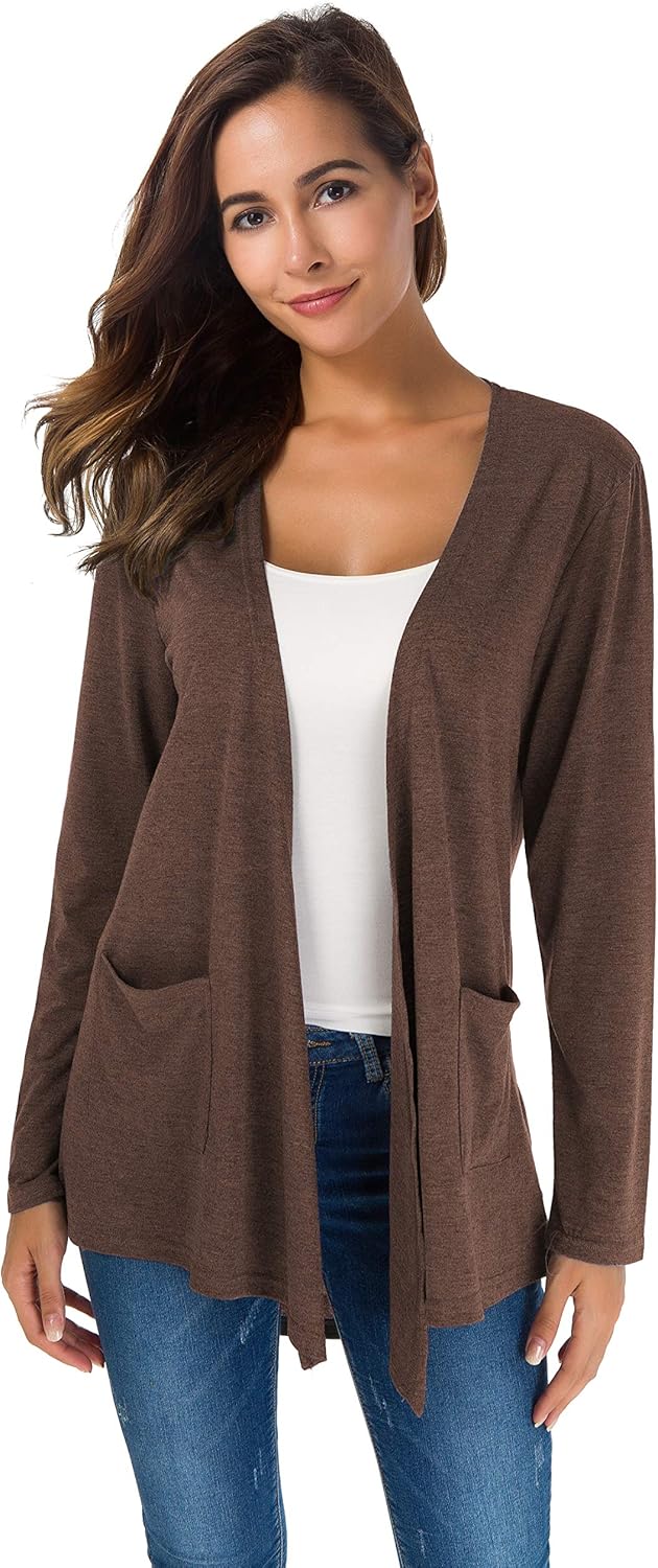 TownCat Womens Lightweight Cardigans Long Sleeve Open Front Casual Cardigan with Pockets (Coffee, M)