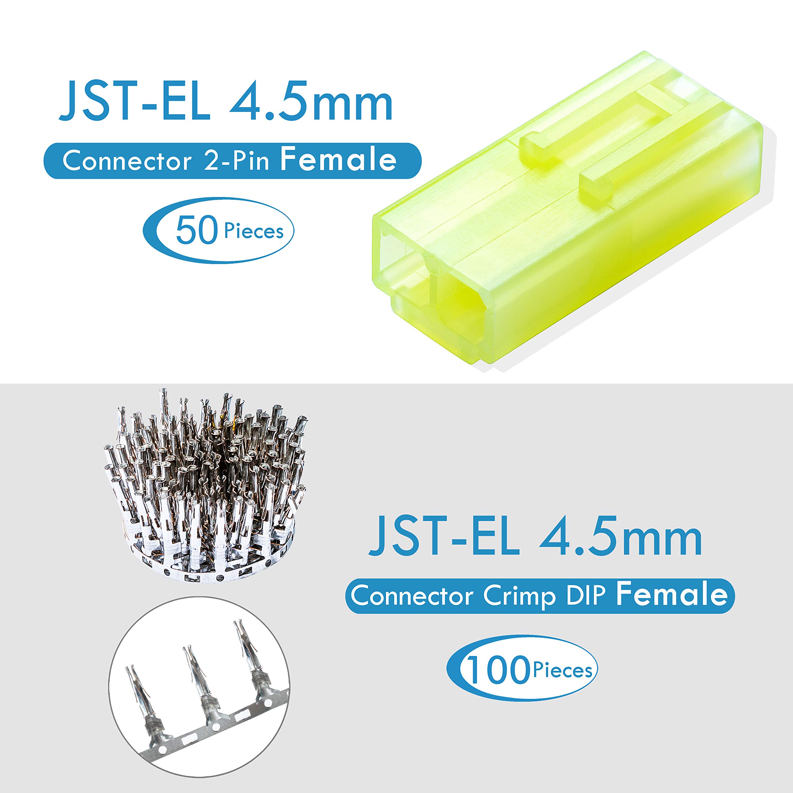 CQRobot JST EL 4,5 mm Paso 2-Pines Conector IC Macho Enchufe, Hembra Receptáculo Carcasa y Macho/Hembra T Forma Engarce Terminal. 50 Juegos / 300 Piezas Cable a Cable Adaptador Componentes.