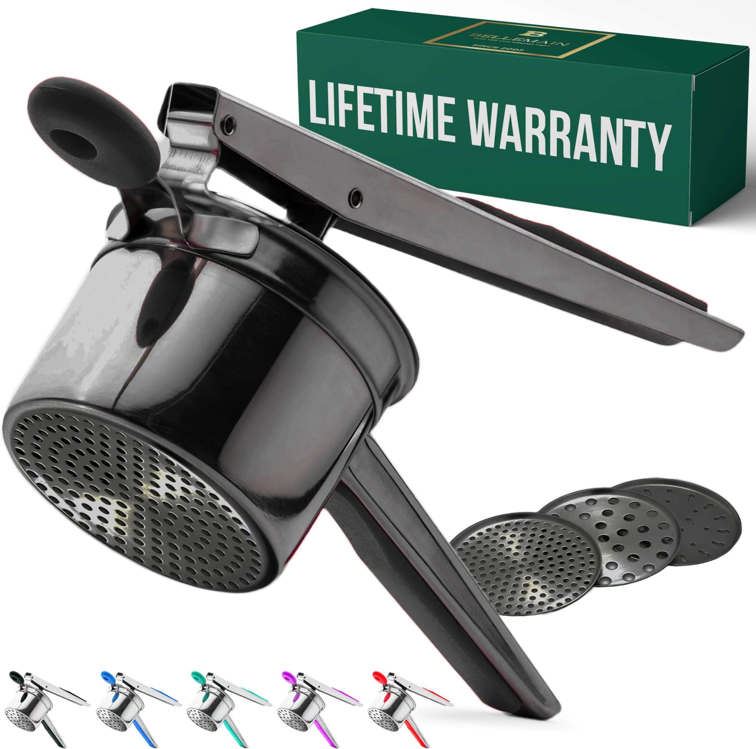Bellemain 15 oz Large Potato Ricer | Heavy-Duty Stainless Steel Potato Ricer & Masher | Perfect for Mashed Potatoes | Ricer Kitchen Tool with 3 Interchangeable Discs (Metallic Black)