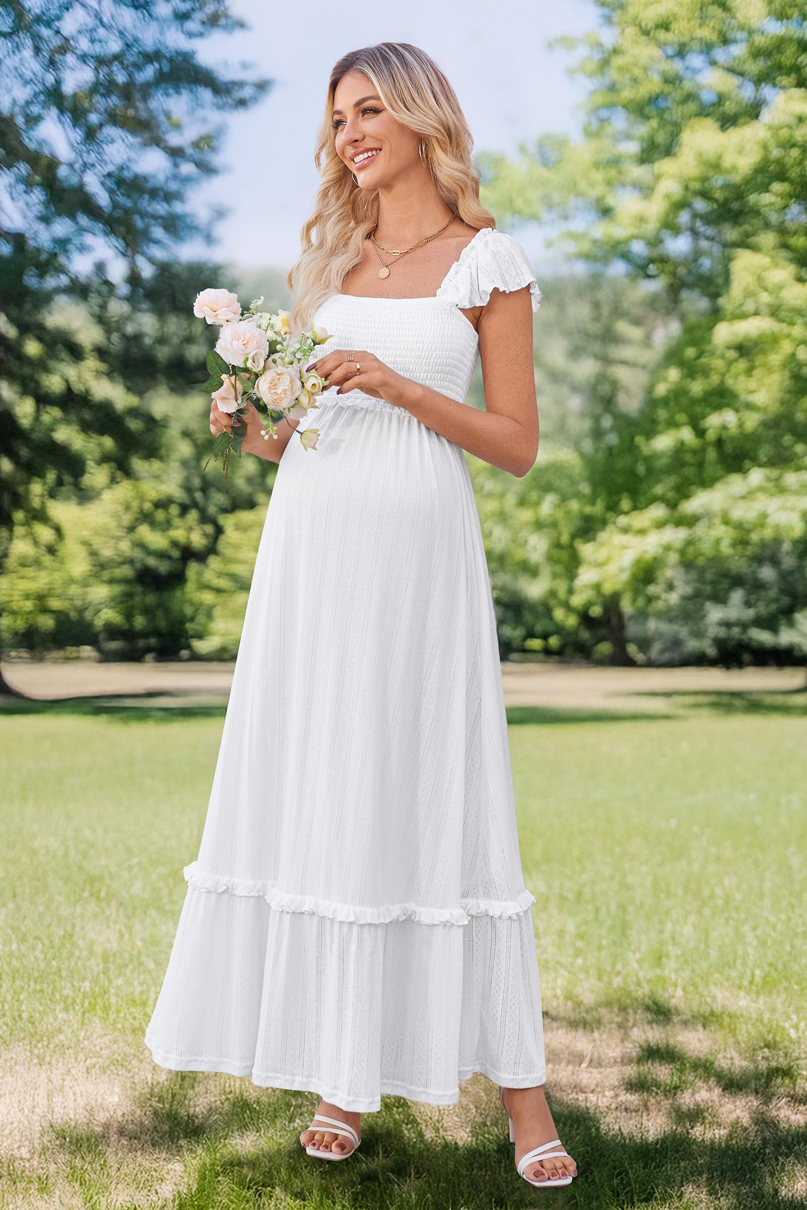 OUGES Mujer 2025 Verano Vestido Tranquilo Rüschenärmel Boho Maxi Vestido de Edad