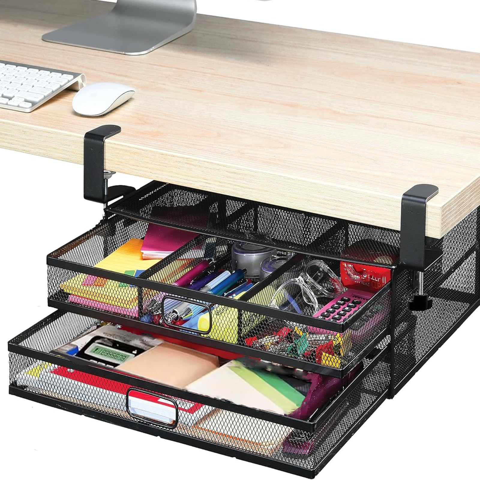 Cassetto Sottopiano, Cassetto Sotto la Scrivania a 2 Strati Cassetti Organizer da Scrivania Nascosto Senza Foratur Sotto Scrivania per Ufficio, Casa, Scuola