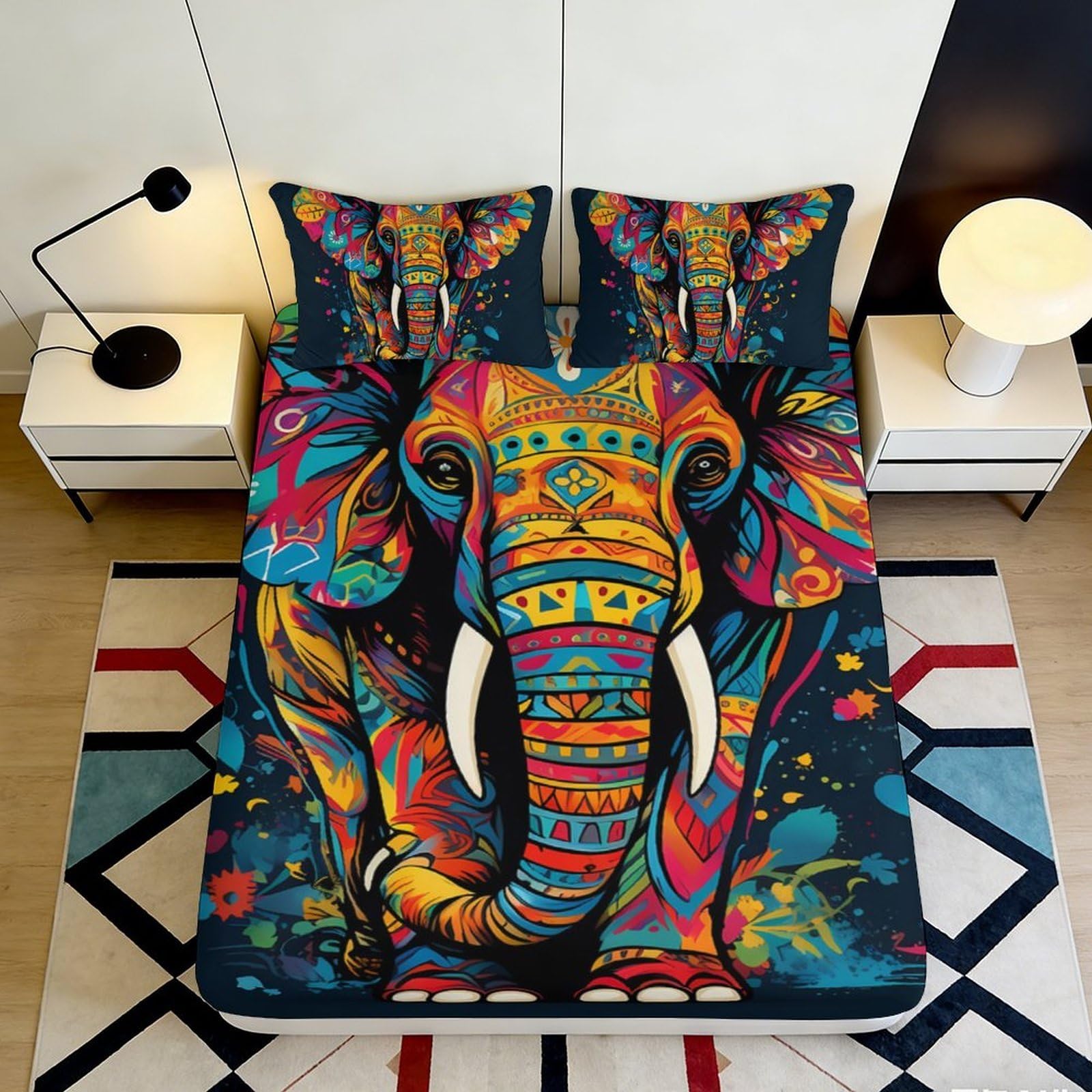 Vivid Decor 3D Printed Elephant Fitted Sheet, Soft Touch Microfiber, Wrinkle Resistant, Home Bedroom, Guest Room Bedding, Easy Care, Bed Cover 90x200x25cm