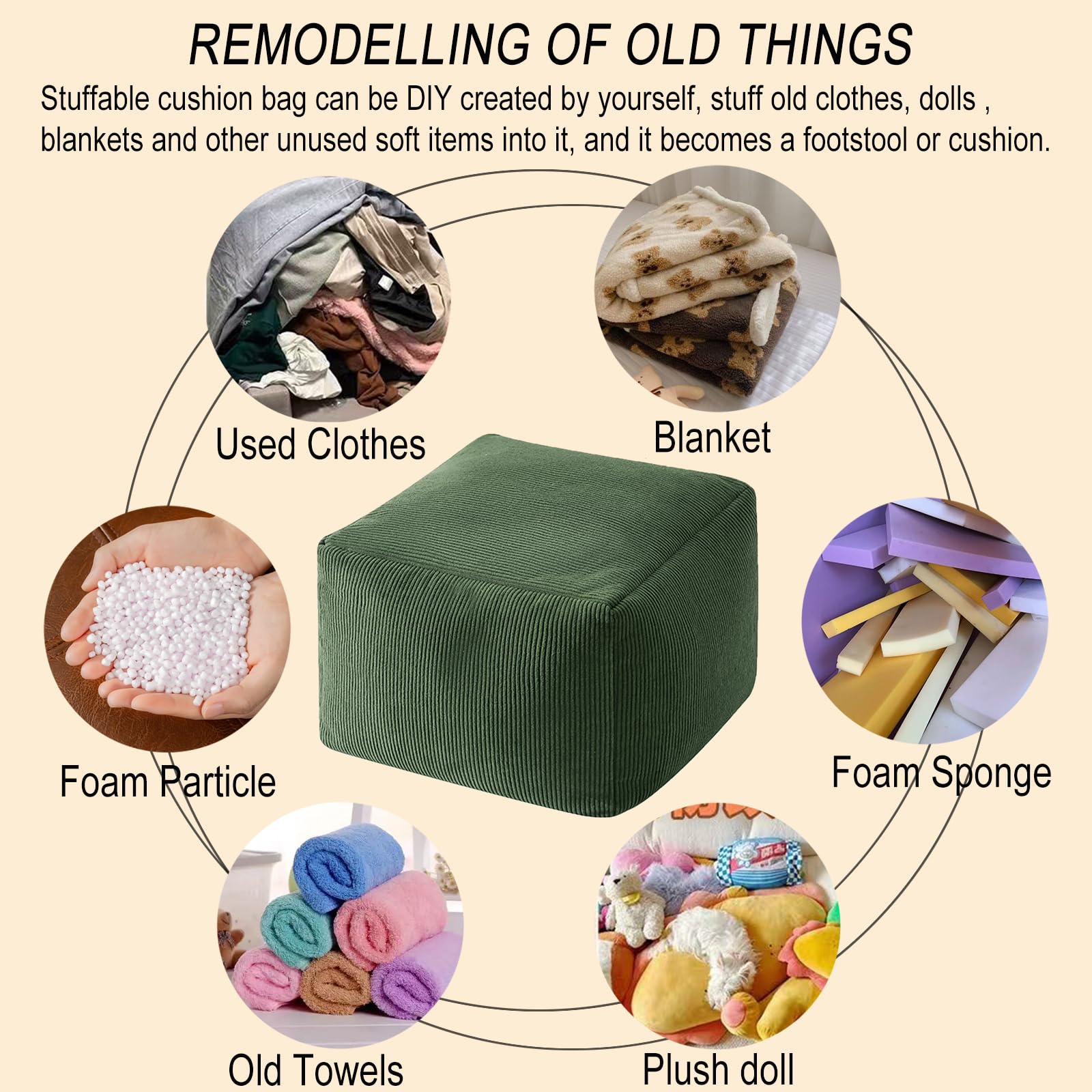 Pouf ottomano non imbottito Velluto a coste Puff Poggiapiedi quadrato Con maniglia per soggiorno, camera da letto (Verde,40-40-30cm)
