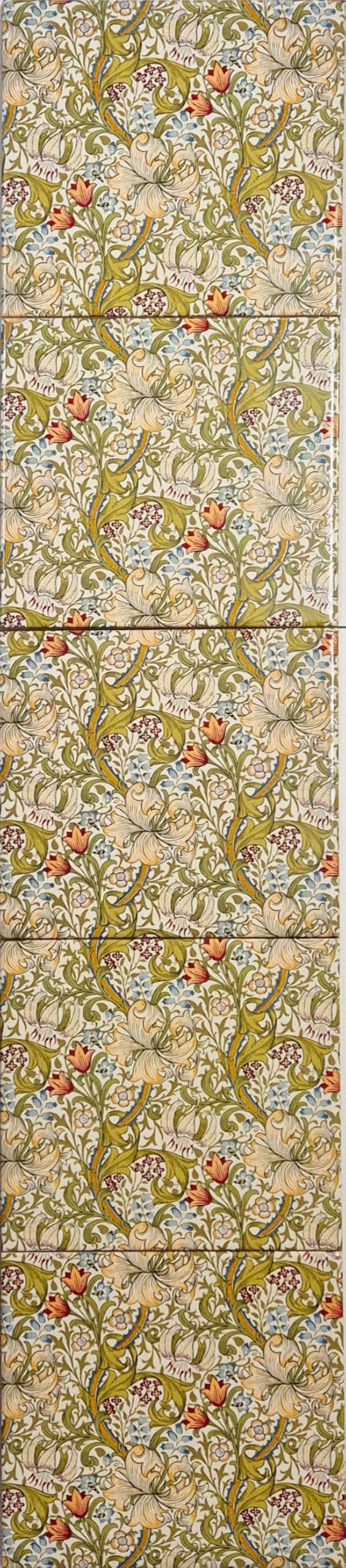 William Morris Golden Lily Decorative Floral 5 Tiles (75 cm x 15 cm) Arts and Crafts Style Botanical Pattern Fireplace Backsplash Walls Hand Decorated in UK