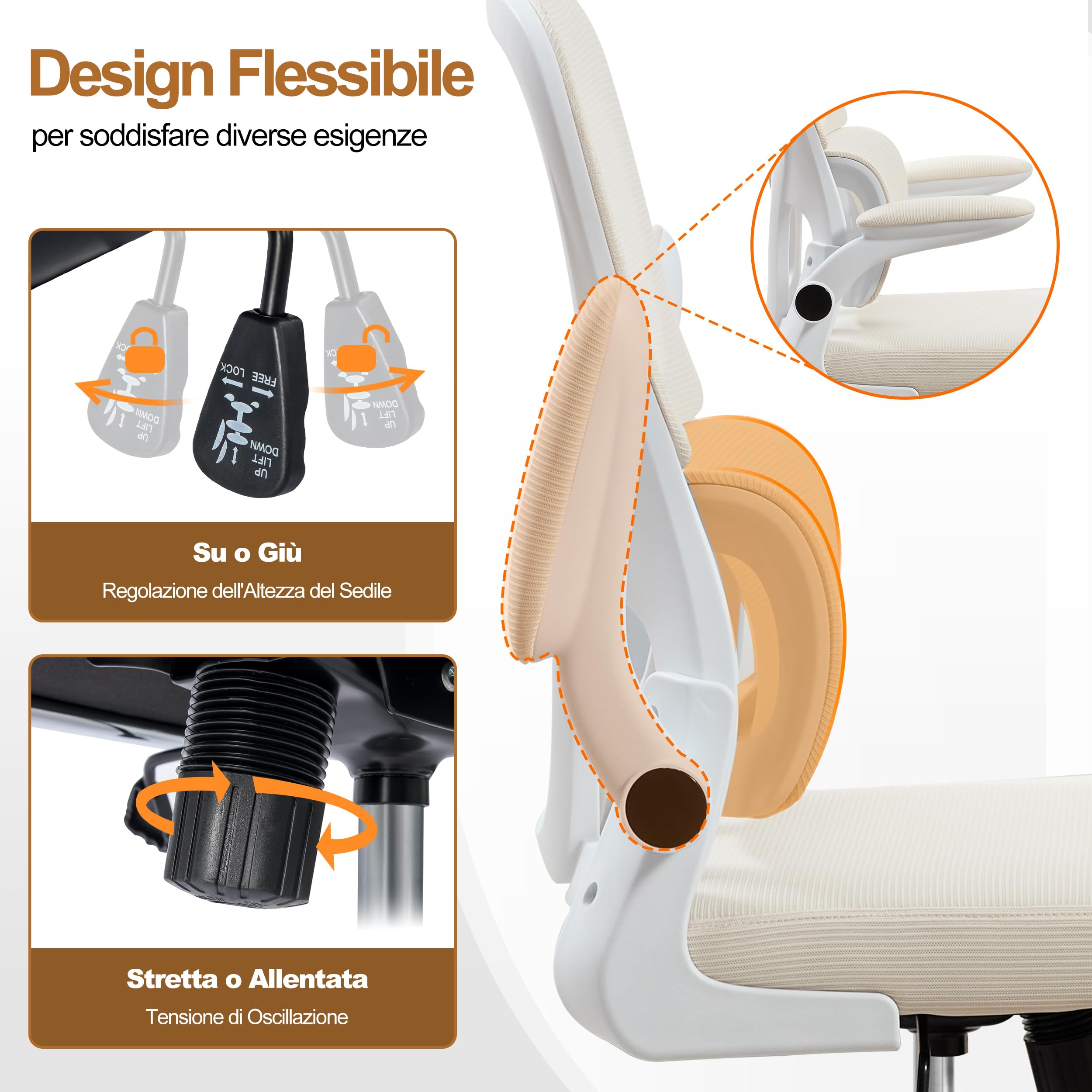 UEV Sedia a Rete con Supporto Lombare e Schienale, 65x58x100-110cm, Beige | Sedia da Ufficio Ergonomica con Multi-Regolazione, Sedie da Scrivania Salvaspazio con Braccioli Ribaltabili