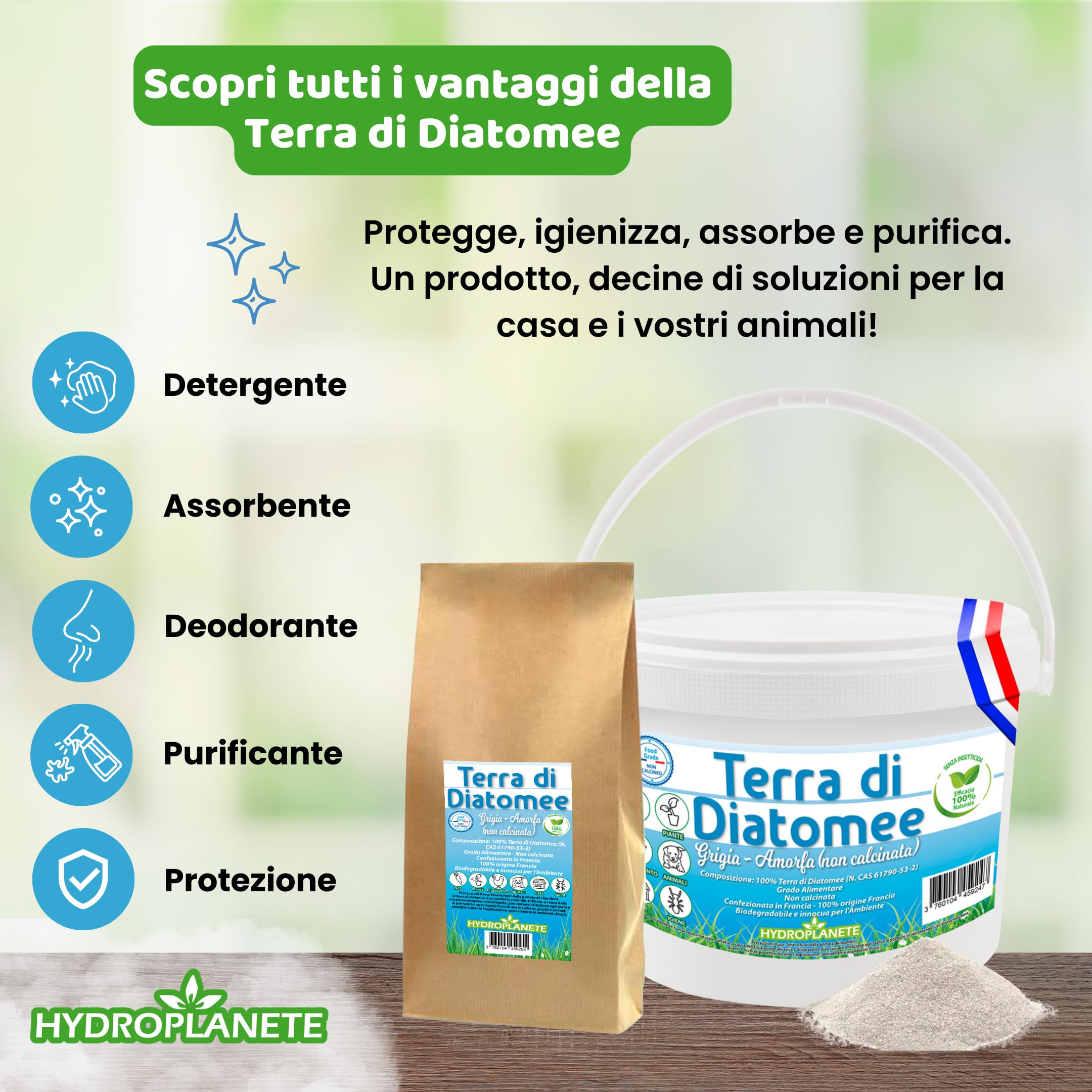 Terra di diatomee grigia multiuso | Polvere alimentare e igiene animale | Senza additivi e 100% naturale | Prodotto in Francia | Disponibile da 350 g a 25 kg | Hydroplanete (3 kg)