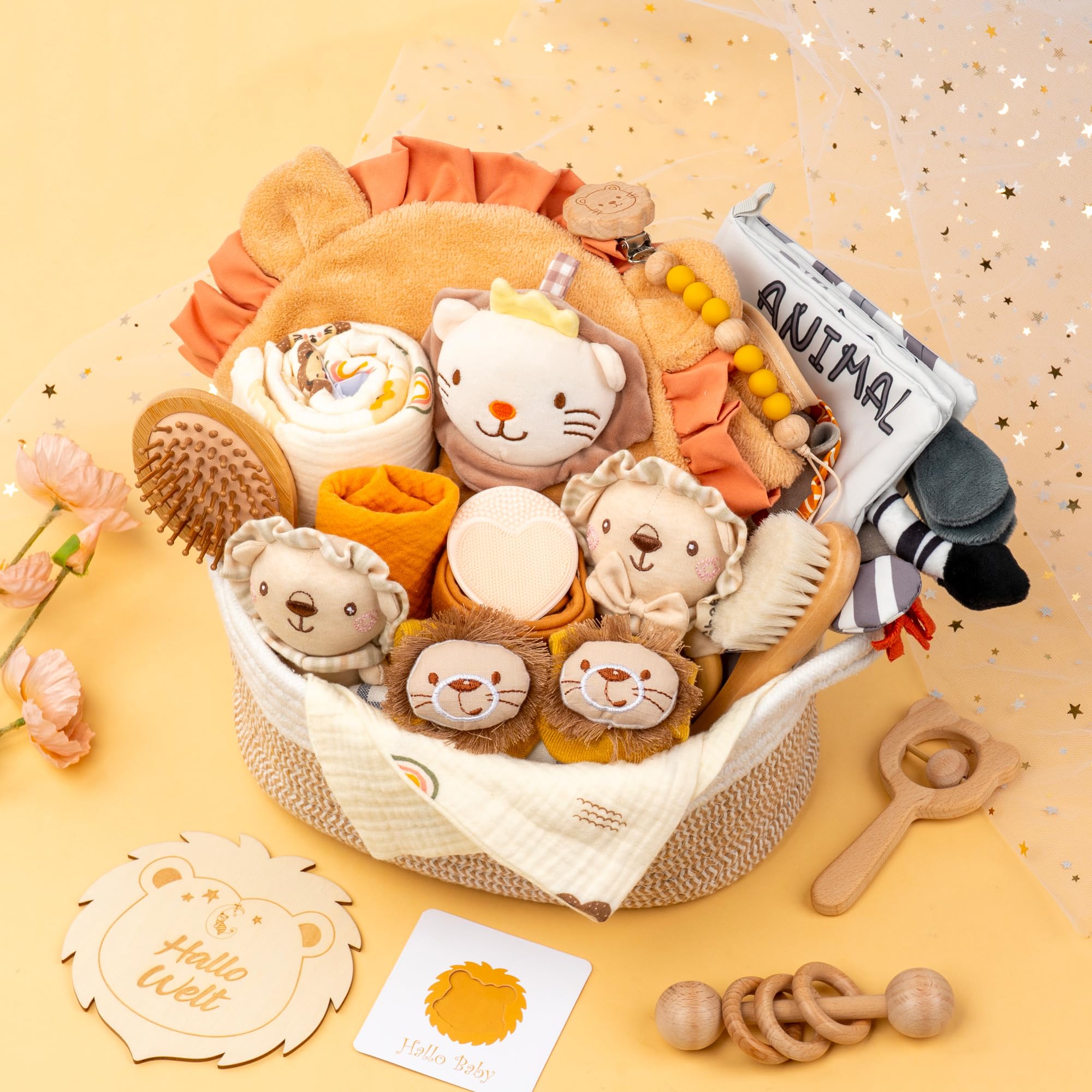 Geschenk zur Geburt Junge, Baby Shower Geschenk mit Baby Kuscheldecke | Neugeborenen Geschenk mit Baby Kuscheldecke, Mütze, Holzrassel, Stoffbuch und Schnullerketten.