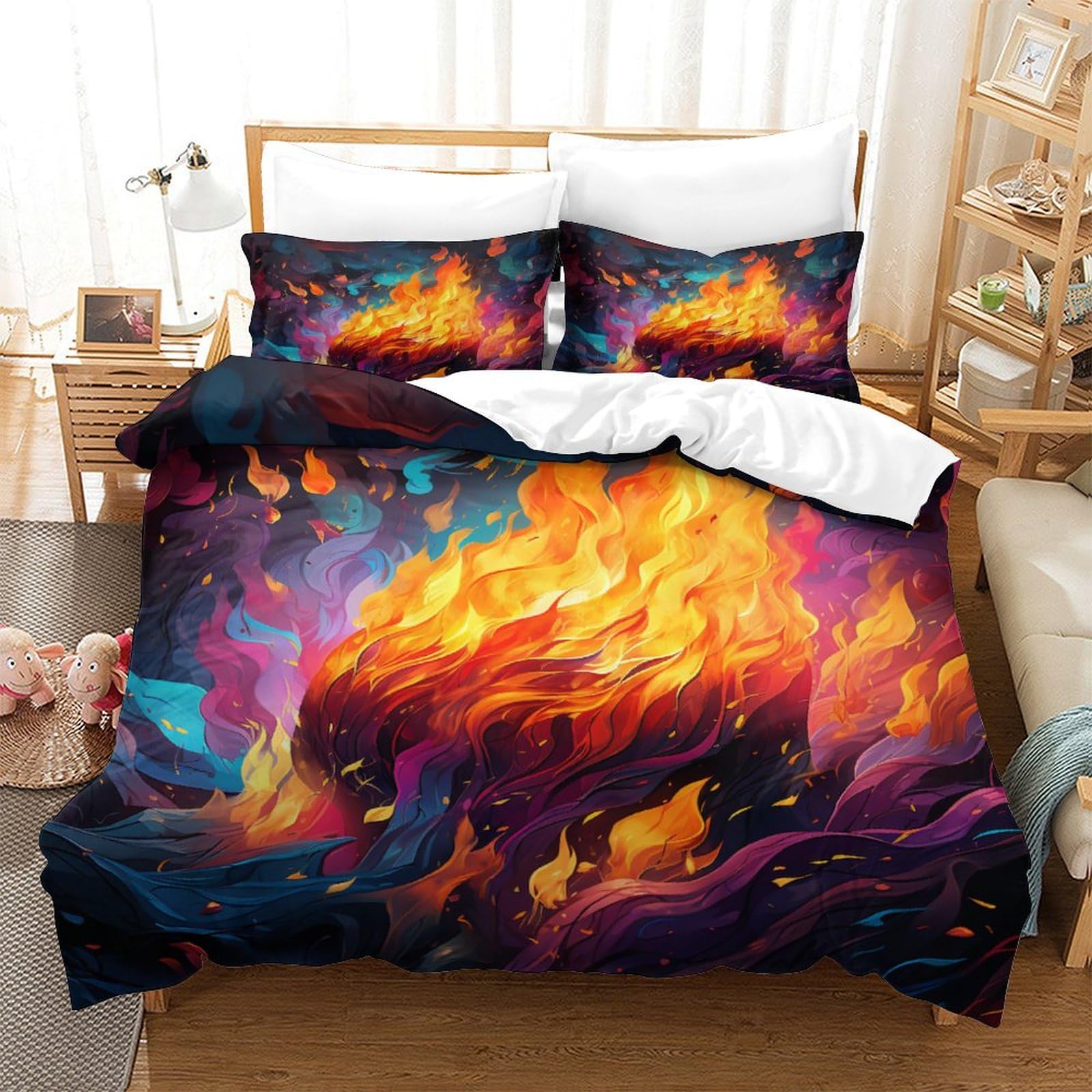Housse de couette 260x220 cm avec taies d'oreiller motif flammes pour lit super king