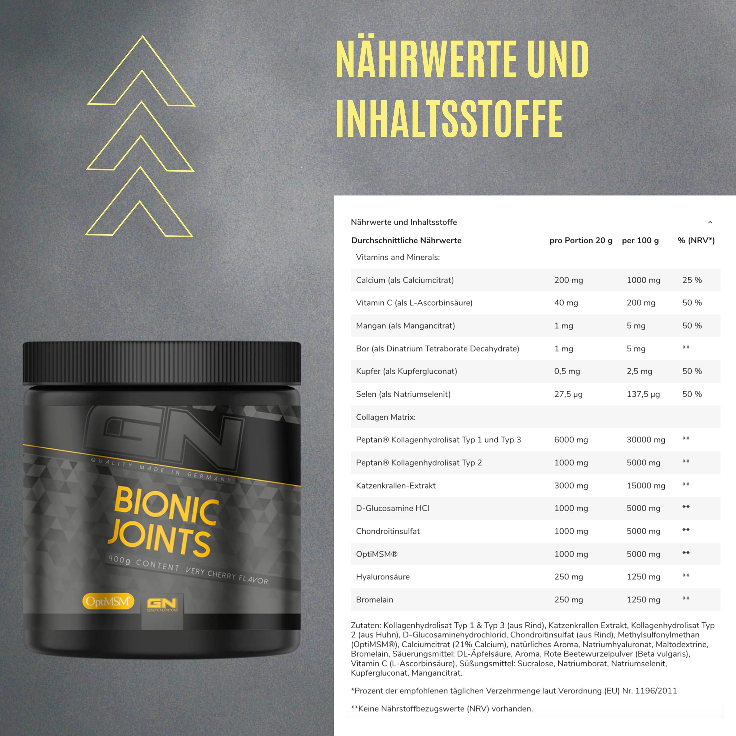 GN Laboratories Bionic Joints (Cherry) – Kollagenpeptide für Gelenke, Haut & Bindegewebe – Mit Vitamin C, Zink & Kupfer als Cofaktoren – 400g, Made in Germany