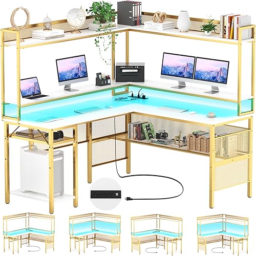 Unikito Escritorio en forma de L con toma de corriente, escritorio de esquina reversible en forma de L con estantes de almacenamiento y soporte para