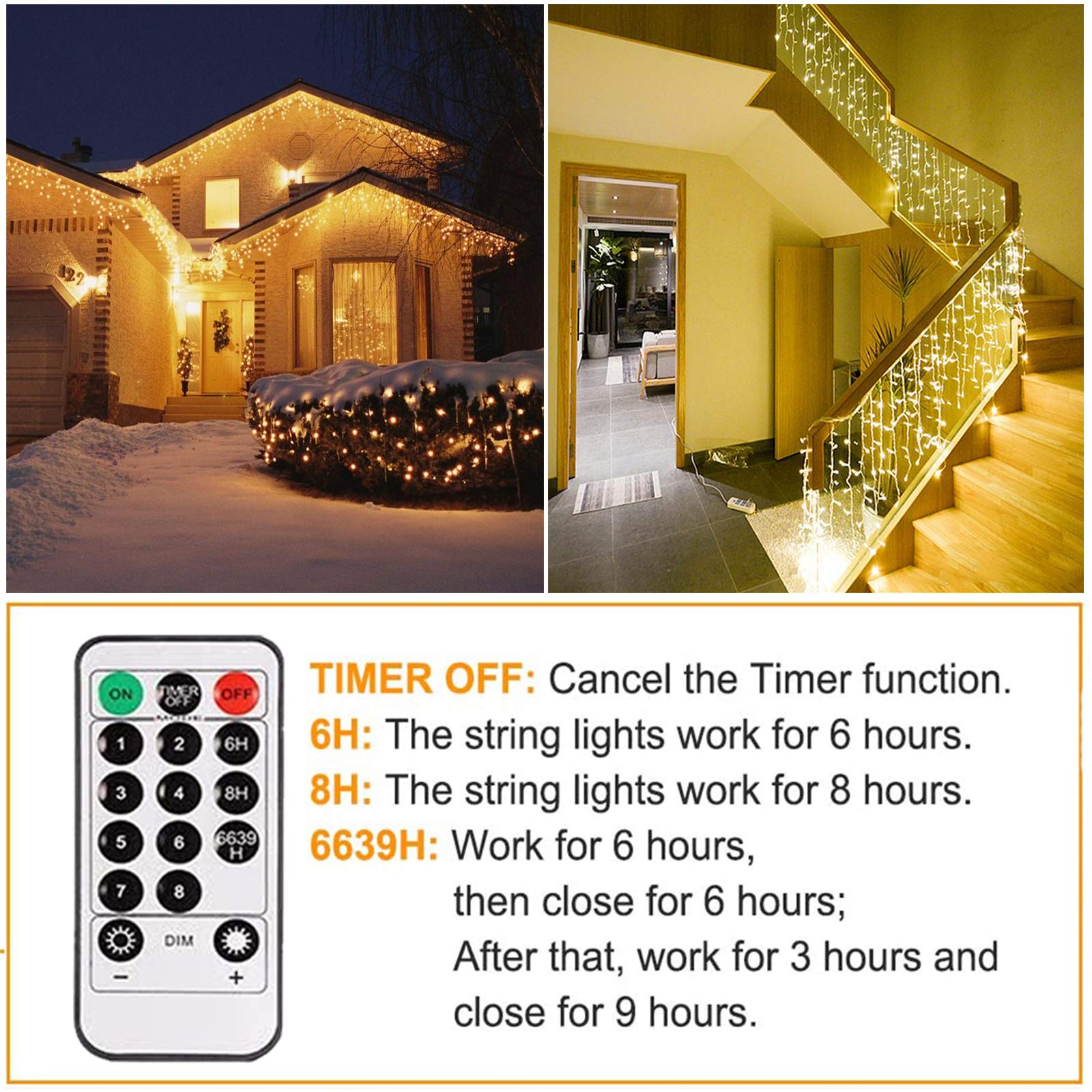 Led Eisregen Lichterkette Strom, 10m 400leds für Innen und Außen, GS geprüft, IP44, 8 Modi Lichtvorhang Mit Merkfunktion Fernbedienung Timer Für Zimmer, Traufe, Weihnachten, Treppe, Geländer