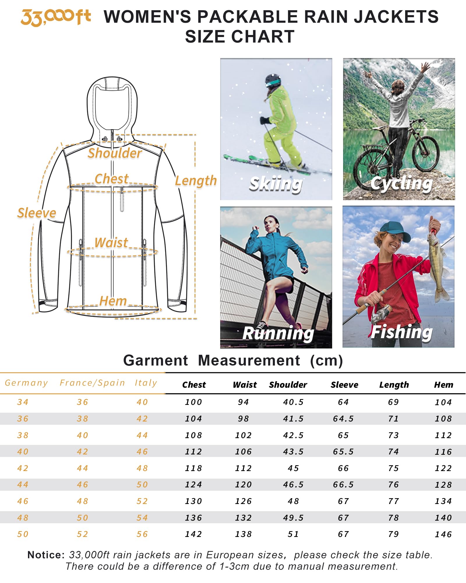 33,000ft Rain Jacket Women, impermeabile leggero con cappuccio Packable Breathable Coat ideale per la corsa e l'escursionismo