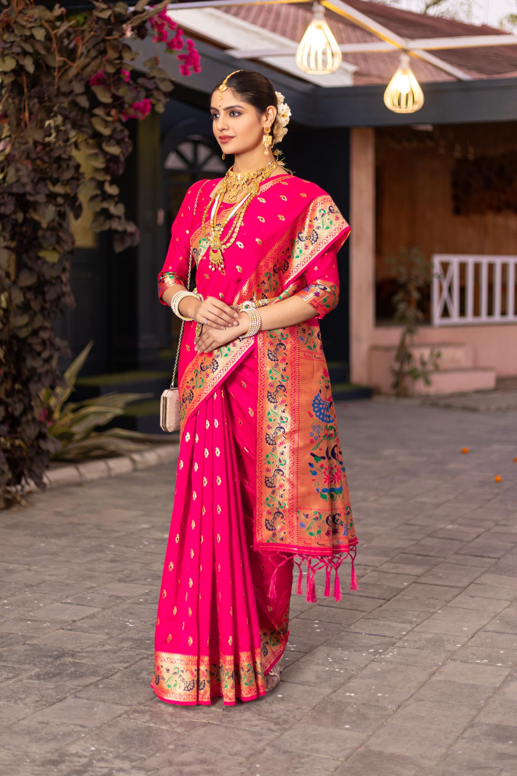 Jaanvi fashion Paithani - Sari da donna in seta con lavoro Zari e camicetta