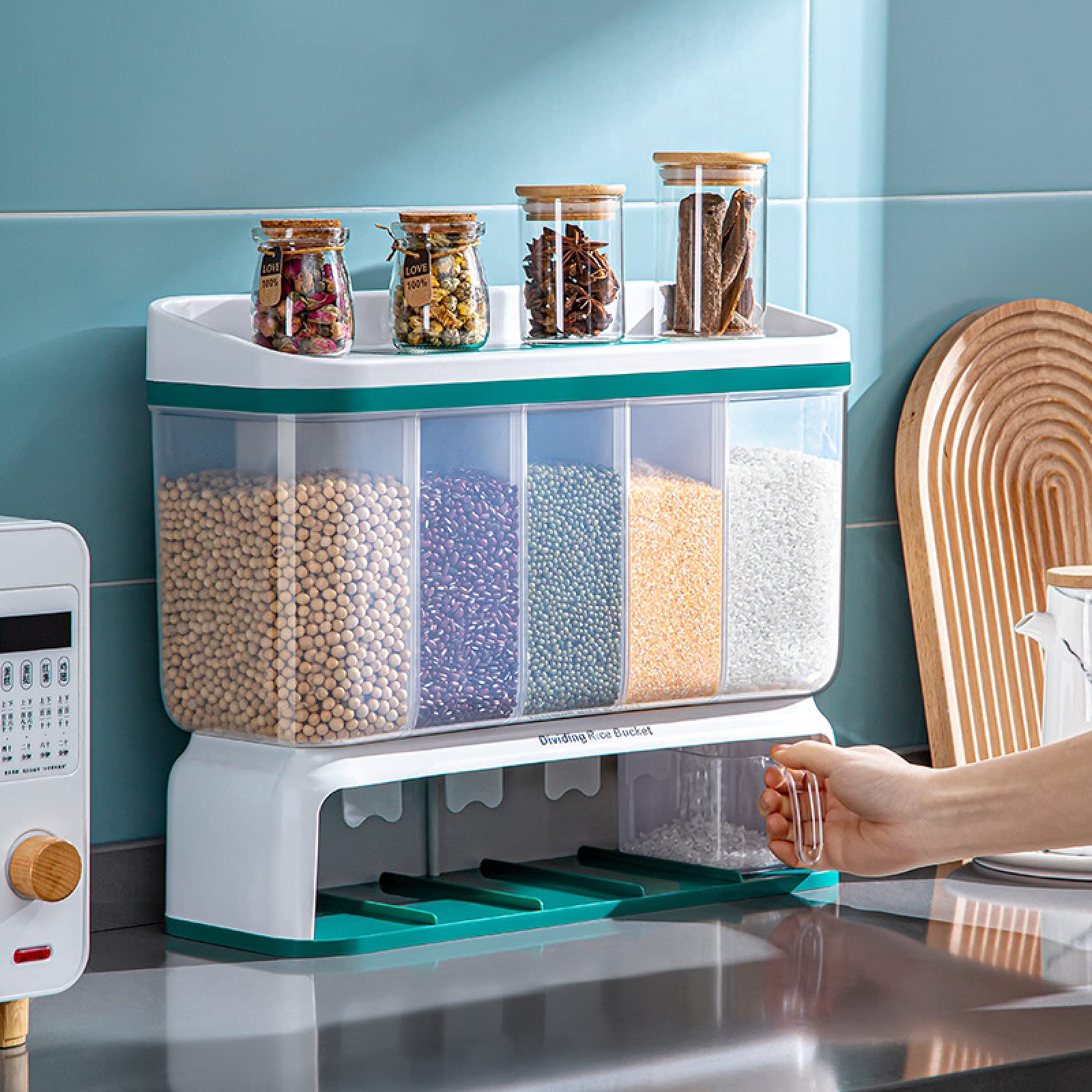 NIBHZ Dispenser per Riso con Tazza, Dispenser per Alimenti secchi a Parete con 5 Griglie Contenitore per Cereali Contenitore per Cereali, Contenitore per Riso, Dispenser,Orange