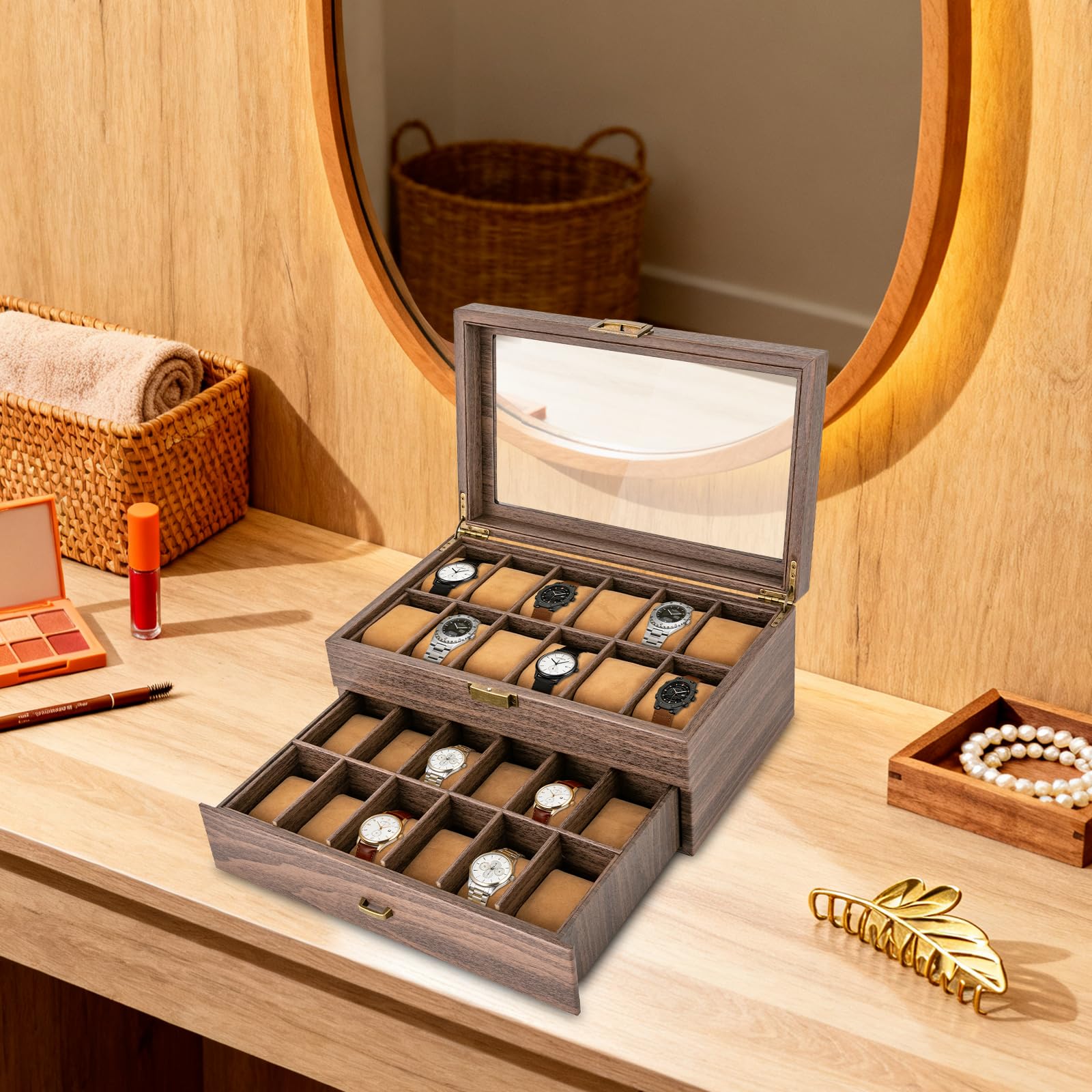 Caja de relojes con 24 compartimentos, estuche para relojes para hombres y mujeres, organizador de relojes, ideal para uso personal, presentación en tienda y decoración de interiores