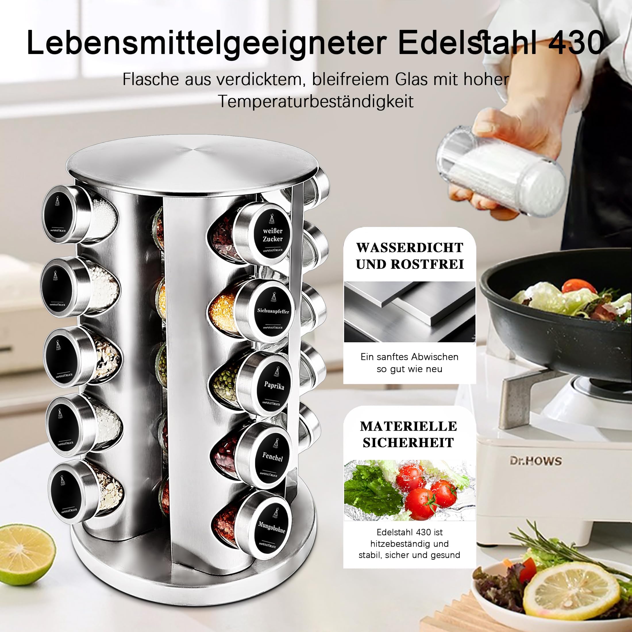 Carosello portaspezie girevole, rotondo, a 5 ripiani, in acciaio inox, con 20 barattoli rotondi per spezie German Black Labels, barattoli per spezie con mensola, portaspezie