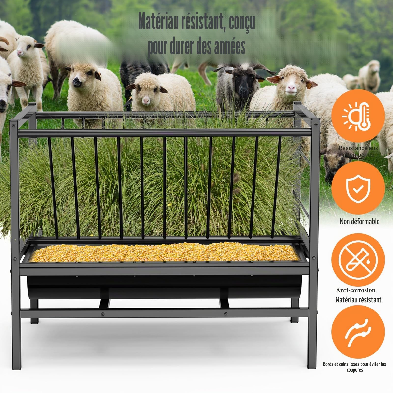 Grand RâTelier à Foin pour ChèVres 2 en 1 Mangeoire à Foin et à Grains RâTelier à Foin pour Chevaux en Acier Galvanisé pour ChèVre Moutons Cheval BœUf 107*65*90cm | Grand ramasse-foin autonome en métal robuste sans déchets pour moutons, chèvres, chevaux,