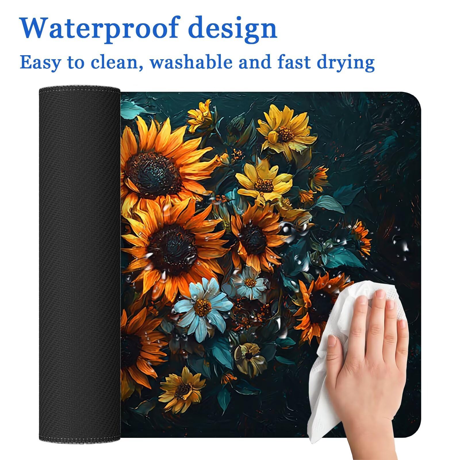 Podkładka pod mysz do gier, XXL słonecznik podkładka pod mysz 1200 x 600 mm, pod biurko z przeszyciami na krawędziach, podkładka pod mysz w kwiaty wodoodporna antypoślizgowa do akcesoriów biurowych