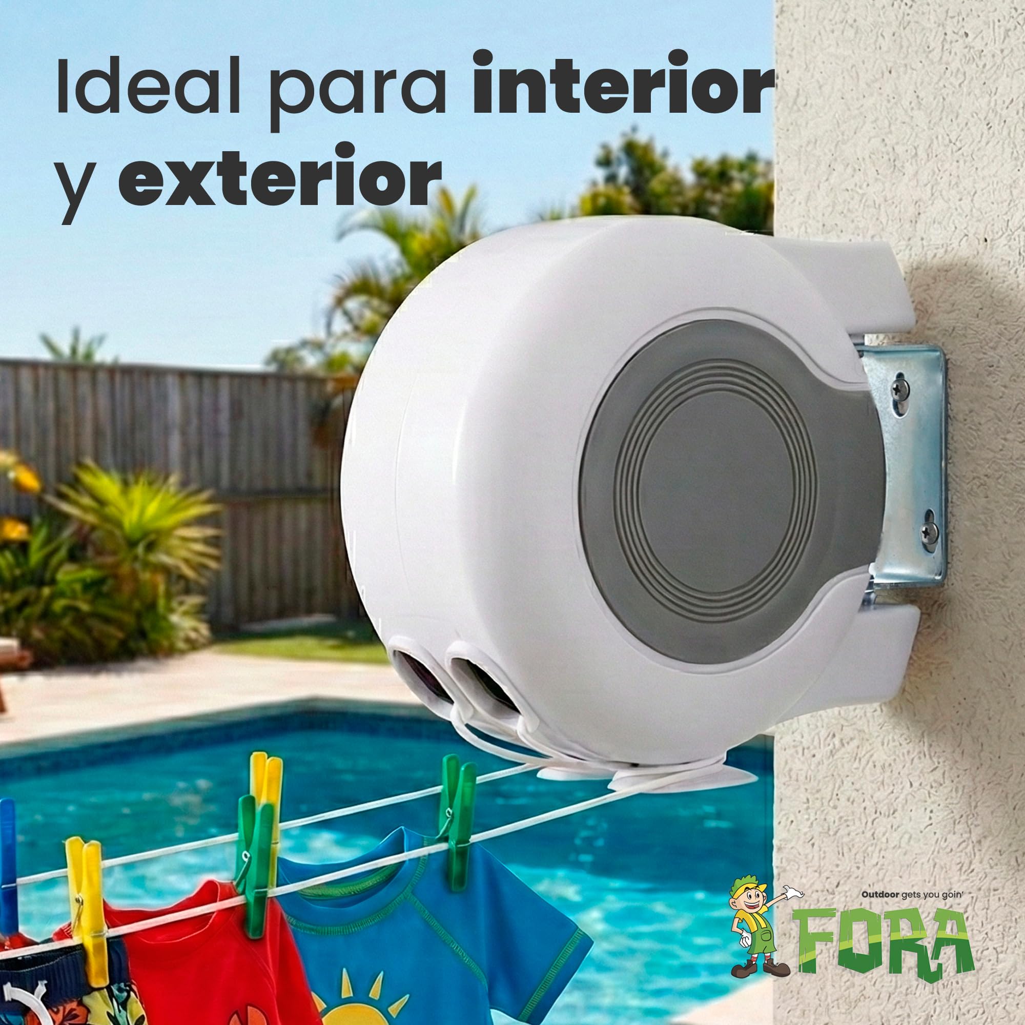 FORA Tendedero De 2 Cuerdas Retráctiles Extensible 26m (13m×2) – Interior y Exterior, ABS+PVC, Giro 180°, Carga Máx 15 Kg, Cuerda 2.9mm, Blanco/Gris — view 7