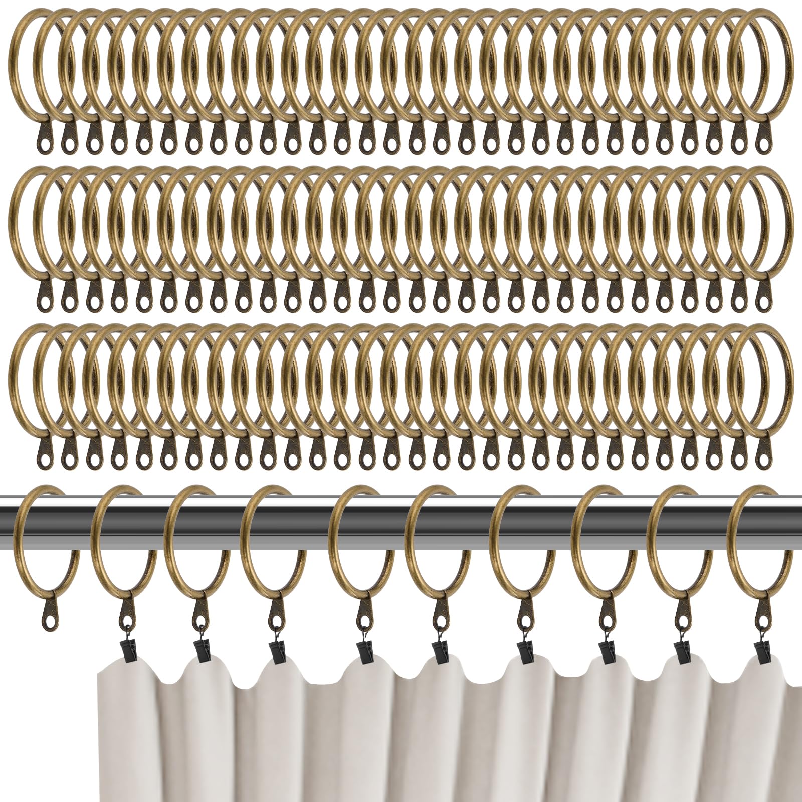 HEIHAK 100 PCS Antique Bronze Curtain Rings, 38mm Internal Diameter Metal Brass Curtain Pole Rings, Heavy Duty Hanging Ring for Shower Curtains, Window Rods