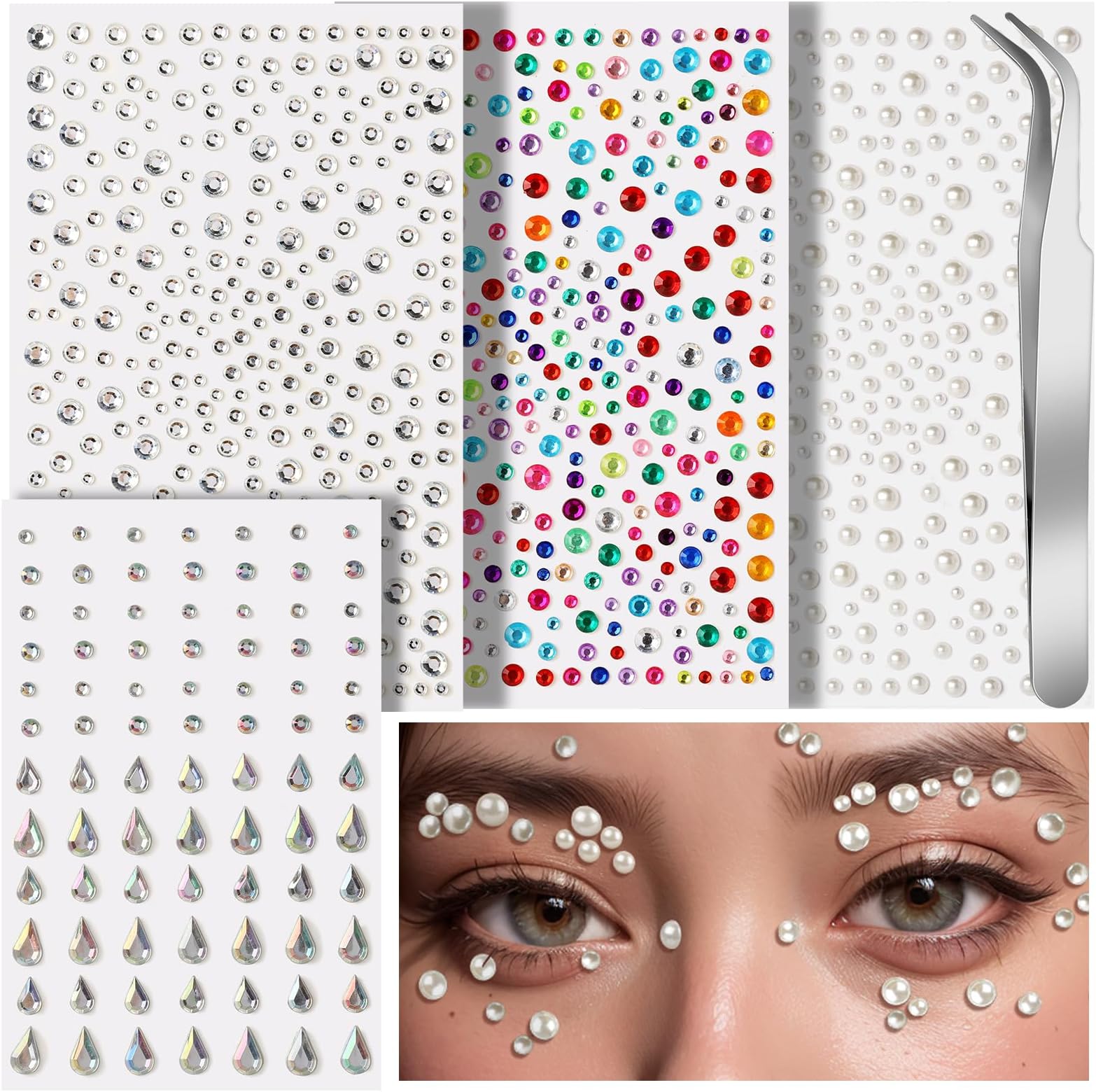 Teenitor Face Gems Self Adhesive Face Gems and Pearls for Makeup, Festival Jewels for Halloween Rave Accessories Hair Gems, Rhinestone Stickers for Face, Eye, Makeup, Body