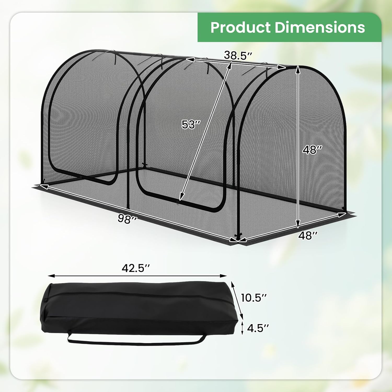 Happygrill Portable Crop Cage, Large Tunnel Plant Protection Tent w/2 Roll-Up Zippered Doors, Metal Frame, 4 Ground Stakes, Carrying Bag, Garden Plant Netting Cover for Vegetables (98” x 48” x 48”)