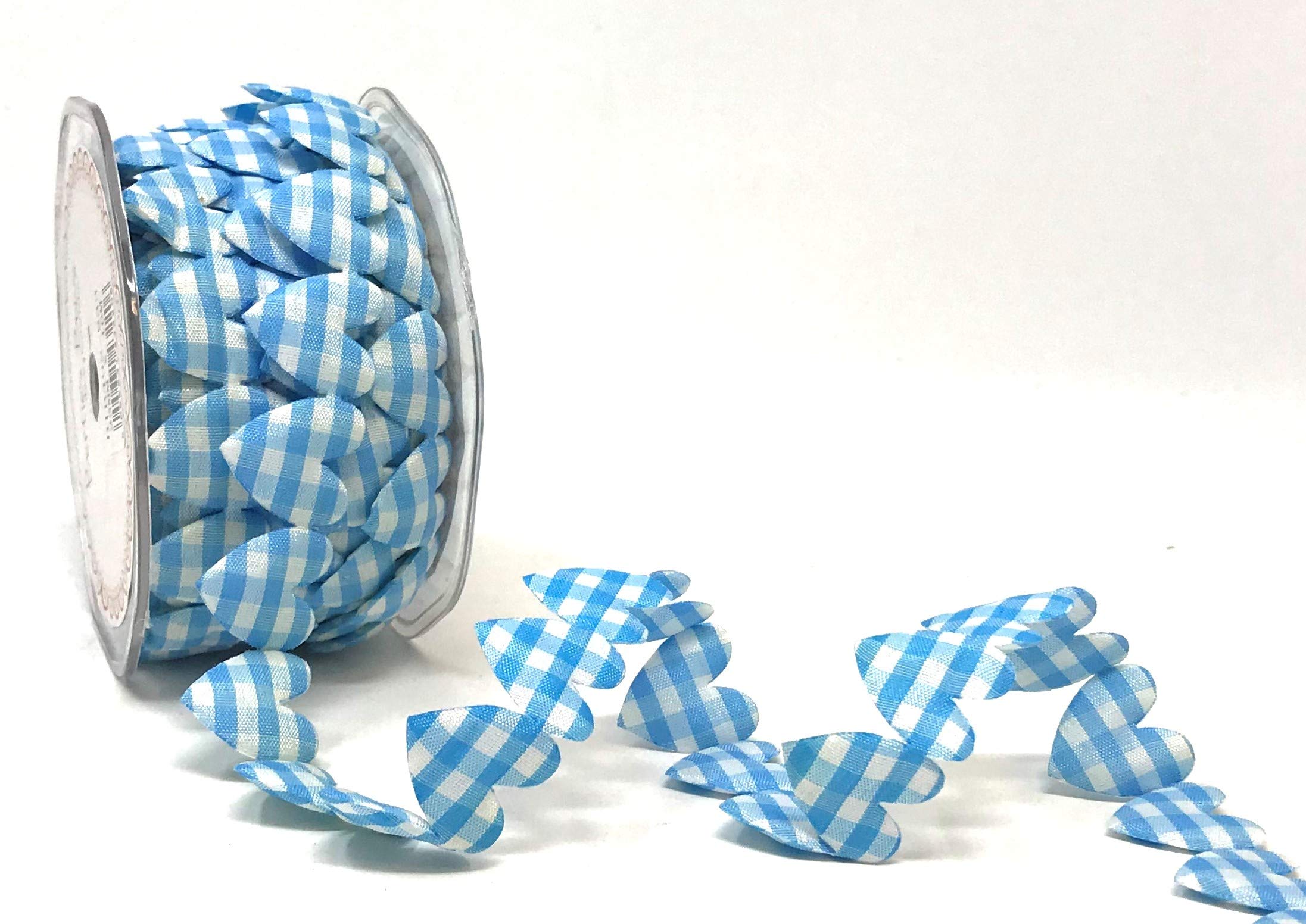 Bertie's Bows Blue Pale & White Gingham Heart Cut-Out 25Mm Ribbon On A 2M Length
