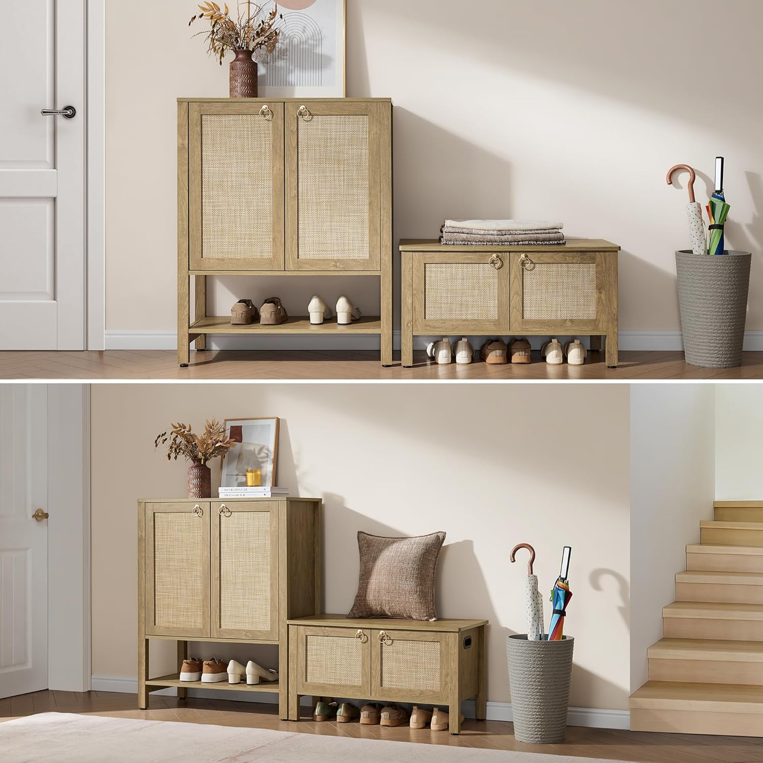SICOTAS Rattan Shoe Rack Bench with Lift Top Storage: Farmhouse Boho Wide Shoe Cabinet Entryway Bench with Safety Hinges, Wooden Storage Chest for Bedroom, Entryway, Hallway, Living Room