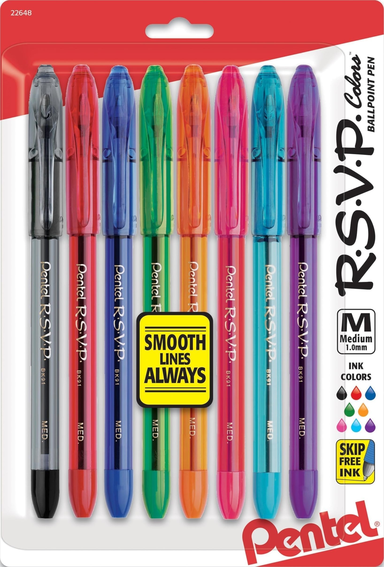 RSVP Ballpoint Pen, (1.0mm), Medium Line, Assorted Ink, Pack of 8 (BK91CRBP8M)