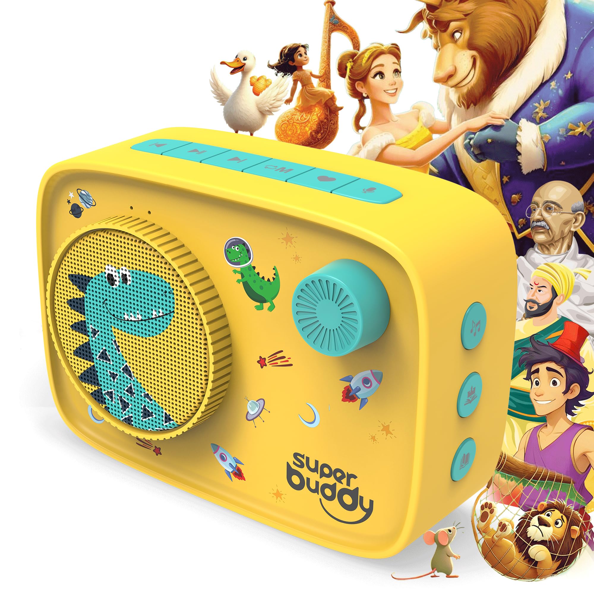 SuperBuddy Curio Kids Speaker- 900+ Stories & Rhymes, Voice Recording, Bluetooth, USB, Gift for Kids Boys and Girls Age 3 + (Dino)