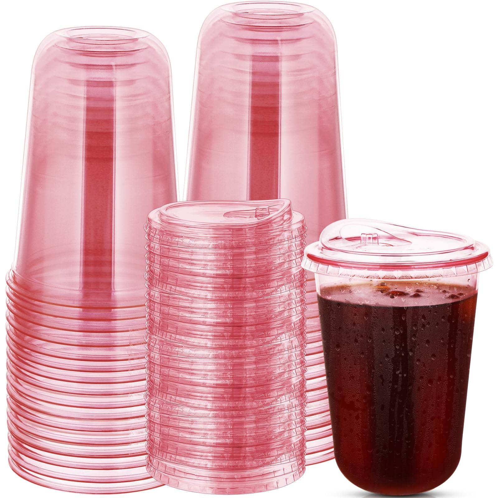 50 Sets Disposable Stemless Glasses With Strawless Sip Lids,PET Drinking Cups,Clear Plastic Coffee Cups for Iced Coffee, Smoothie, Cold Beverage, Drink Shop and Christmas Party Supply (Pink, 16 oz)