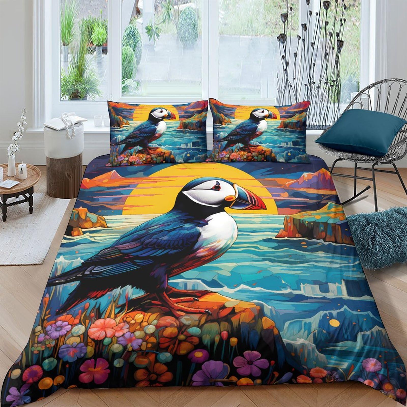 Ctjqhvkz Style-5 3D Printed Puffin Sunset Fitted Sheet Microfiber Soft Breathable Ocean View Mattress Cover For Bedroom Dorm Decor Single（135X200cm）