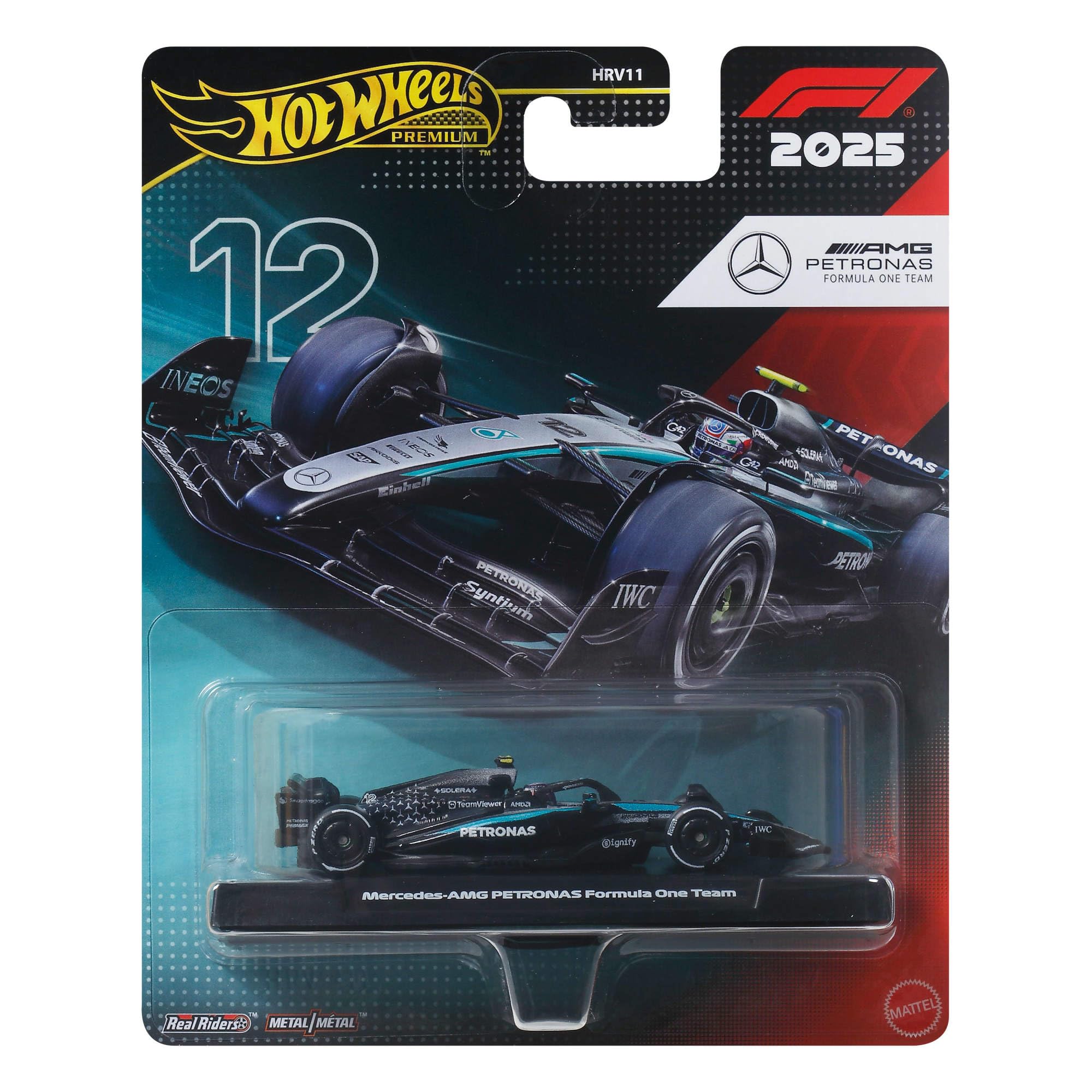 Hot Wheels 1:64 Scale Premium Die-Cast Formula 1 Mercedes- Benz – Kimi Antonelli #12 Collectible Toy Race Car with Real Riders Tires & Metal/Metal Body & Chassis, JKD92