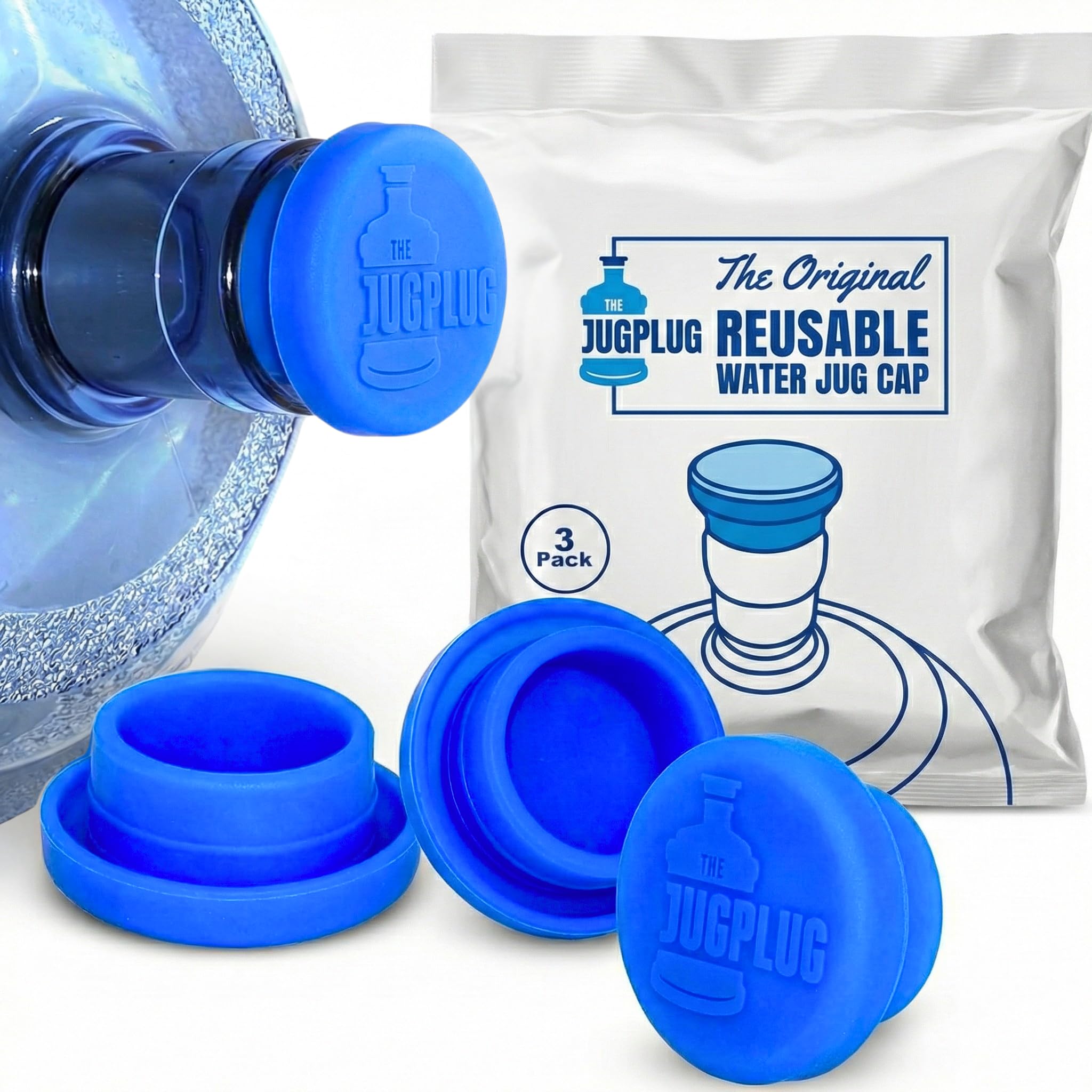 Jug Plug The Original 5 Gallon Water Jug Cap Reusable - No Spill Silicone 5 Gallon Water Jug Lid Fits 55mm Bottles with a 45mm Opening - Leak-Proof 5 Gal Water Jug Cap Replacement Cover - 3 Pack