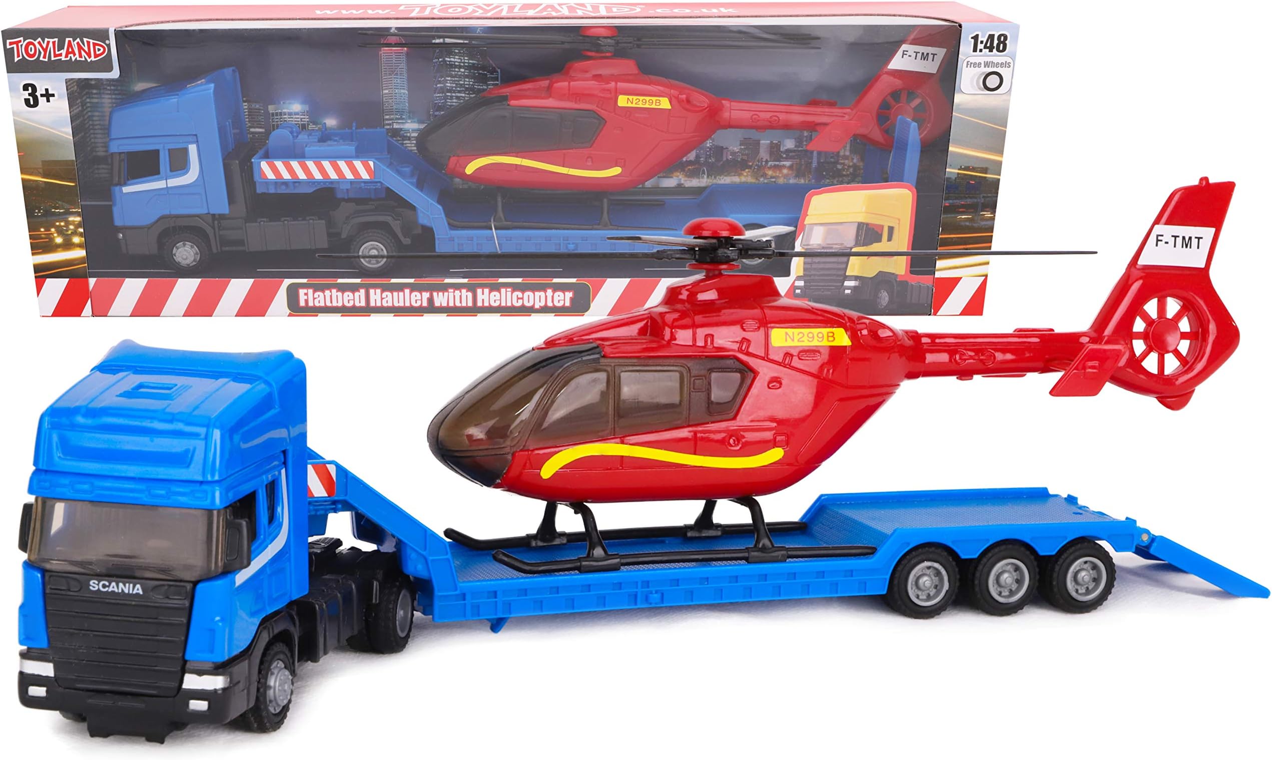 Toyland® Scania Flatbed Hauler With Helicopter - 1:48 Scale - Free Wheel - Transport Vehicle Toys - Vehicle Collectables - Boys Toys