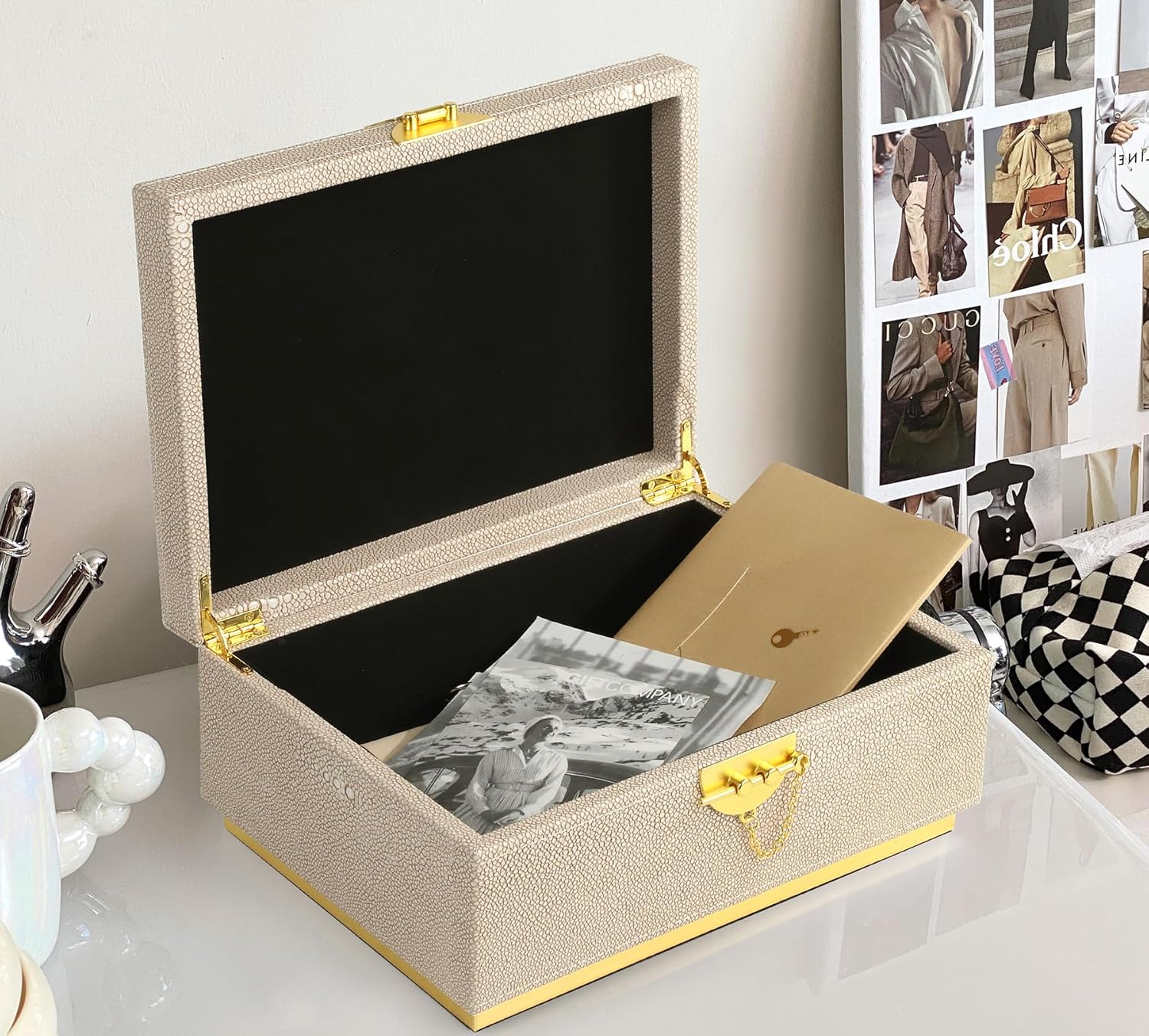 HofferRuffer Elegant Faux Leather Decorative Box, Storage Jewelry Box Organizer, Large Dresser Cosmetic Organizer Holder, Classic Jewelry Accessory Organizer, 11x8x4.8 inches (Light Grey)