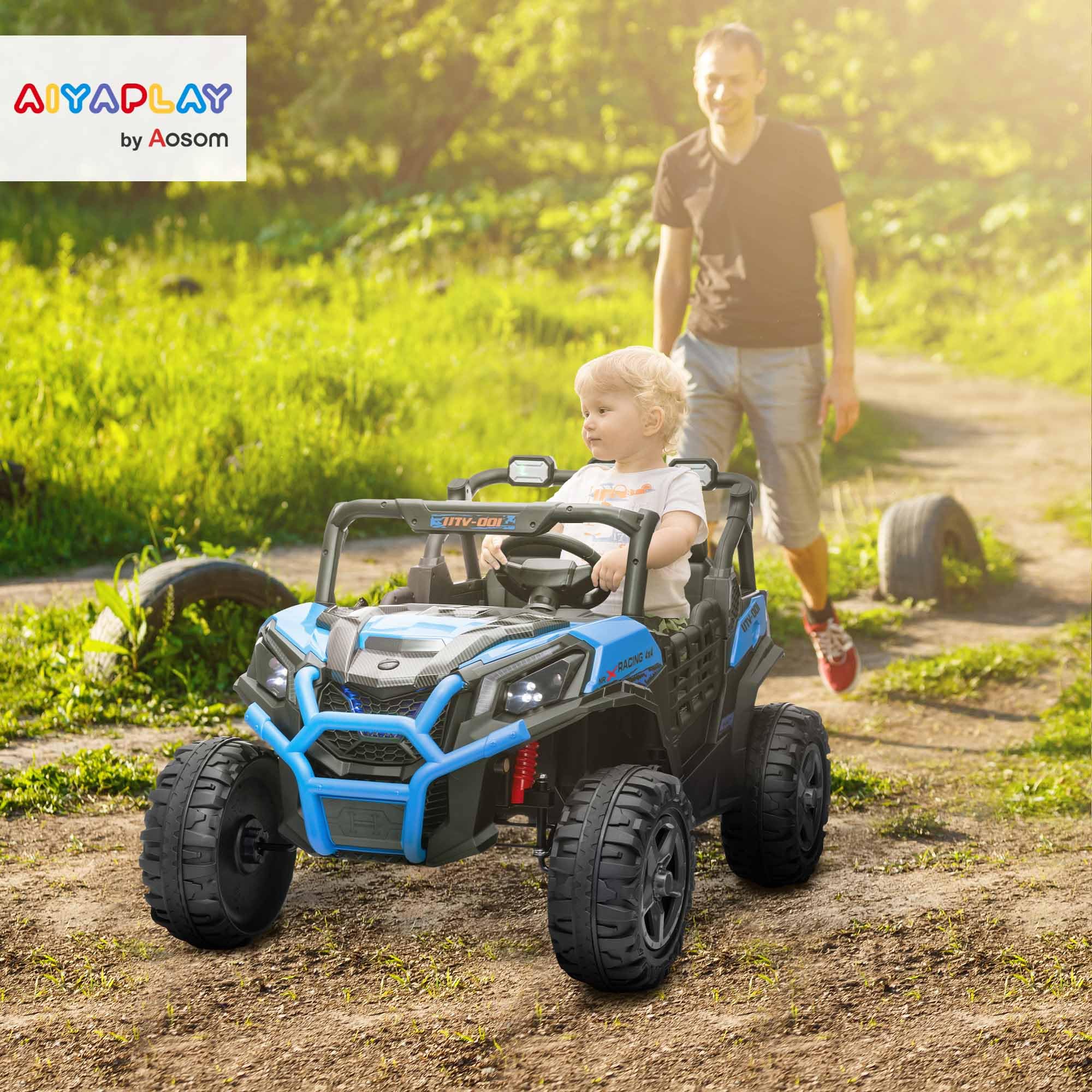 AIYAPLAY Macchina Elettrica per Bambini 3-8 Anni 24V Fuoristrada 2 Posti, 3-8km/h Auto Elettrica per Bambini con 2 Motori, Sospensioni, Telecomando, Musica, Fari, Cintura e Clacson, Blu